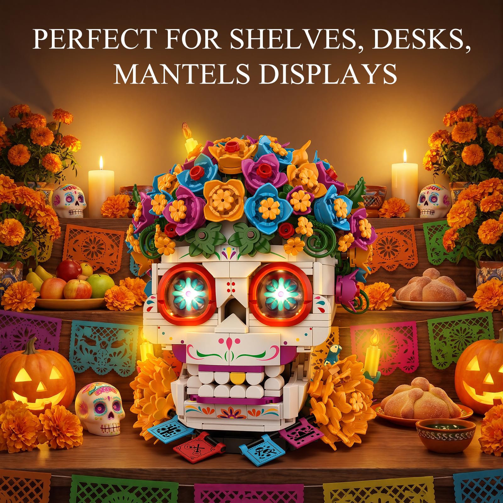 JMBricklayer Calavera Zuckerschädel Totenkopf Klemmbausteine mit LED 40008 | 986PCS Calavera Día de los Muertos Blumen Deko Bausatz mit LED Augen, 3 Kerzen & Gedenkaltar. Für Erwachsene ab 14