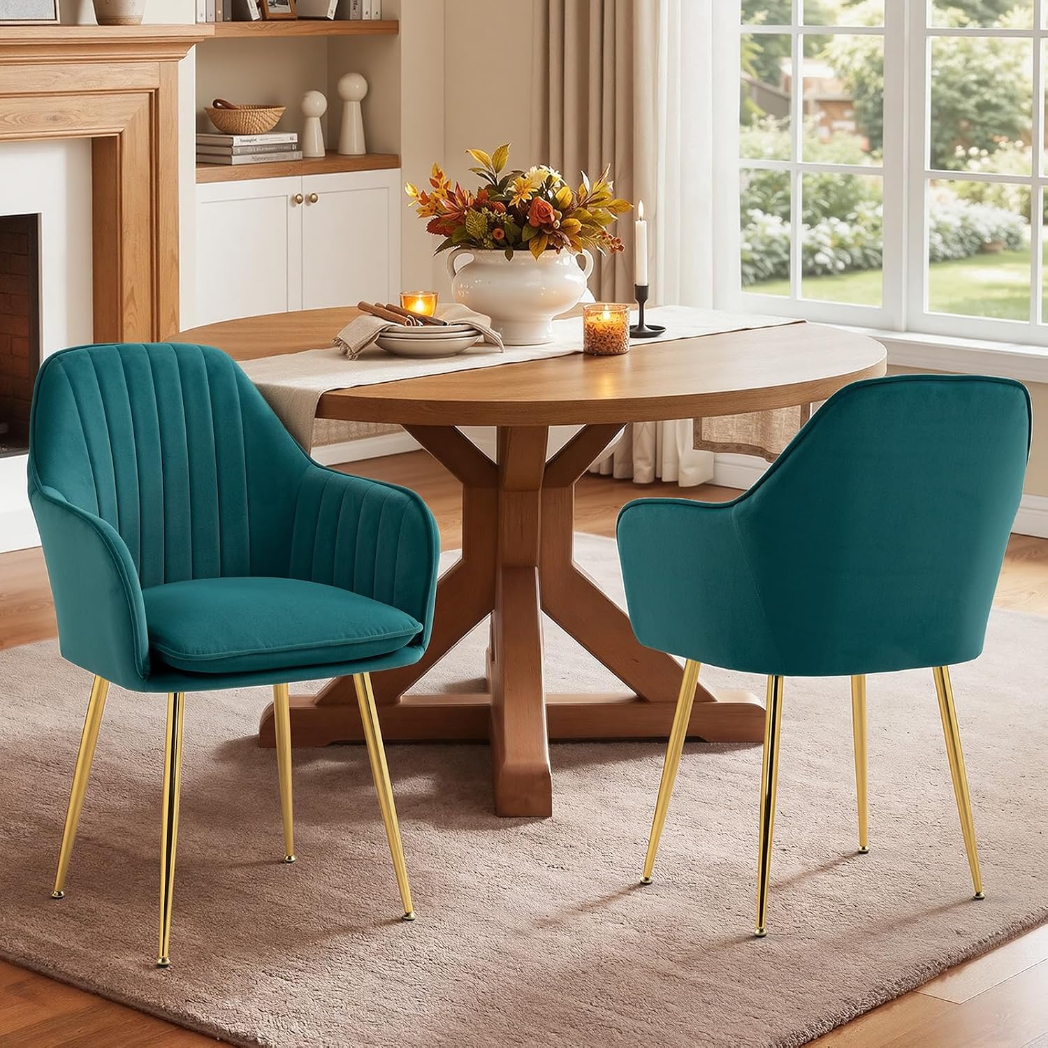AVAWING Modern Living Dining Room Accent Arm Chairs Set of 2, Velvet Mid-Century Upholstered Seat Club Guest with Golden Legs, Green