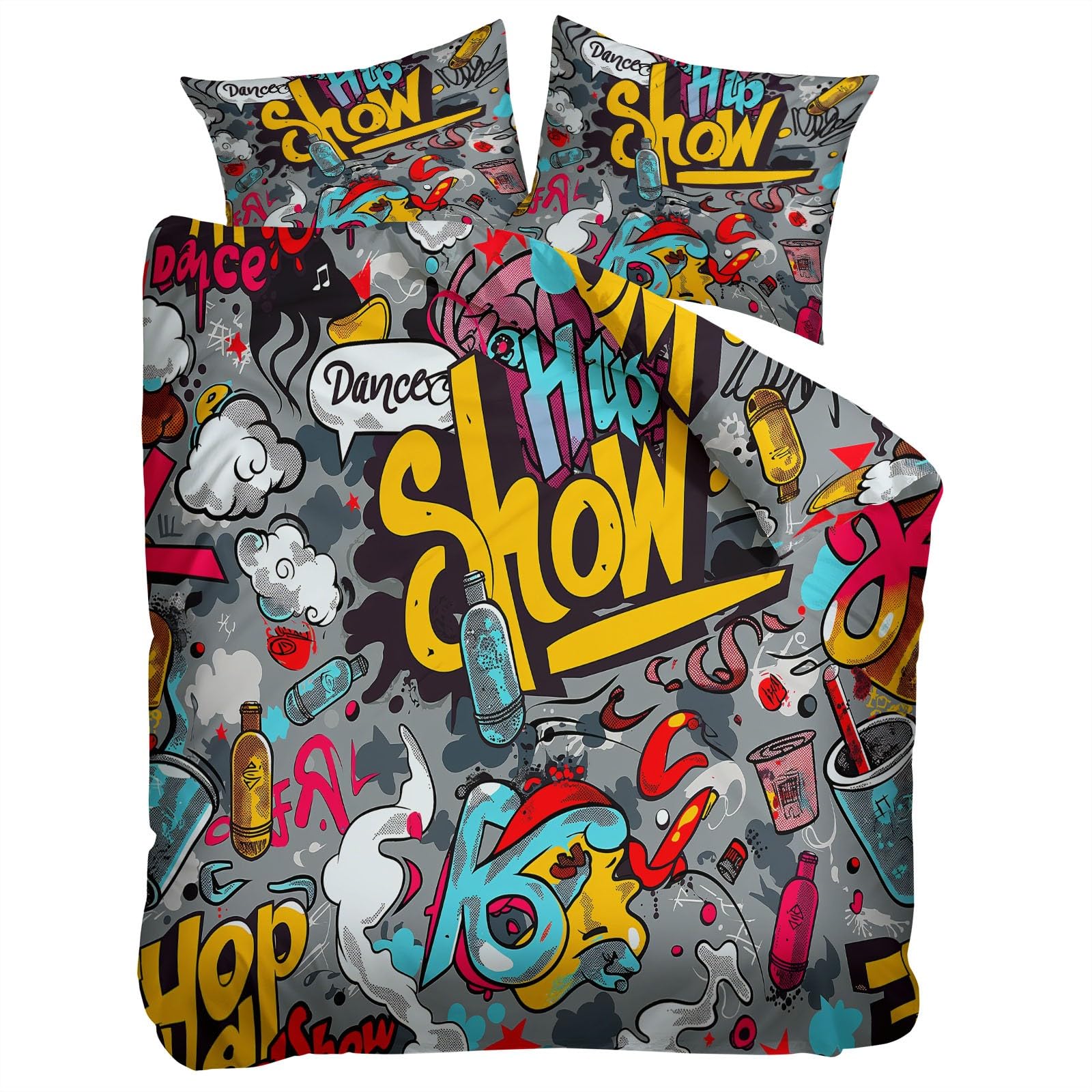 Funda Nórdica para Cama 90 Patrón Graffiti Hippie Hip Hop Cartoon, Set de 3 Piezas con Funda de 150 x 220 cm y 2 Fundas de Almohada 50x75 cm - Suave Ropa de 100% Microfibra Street Art
