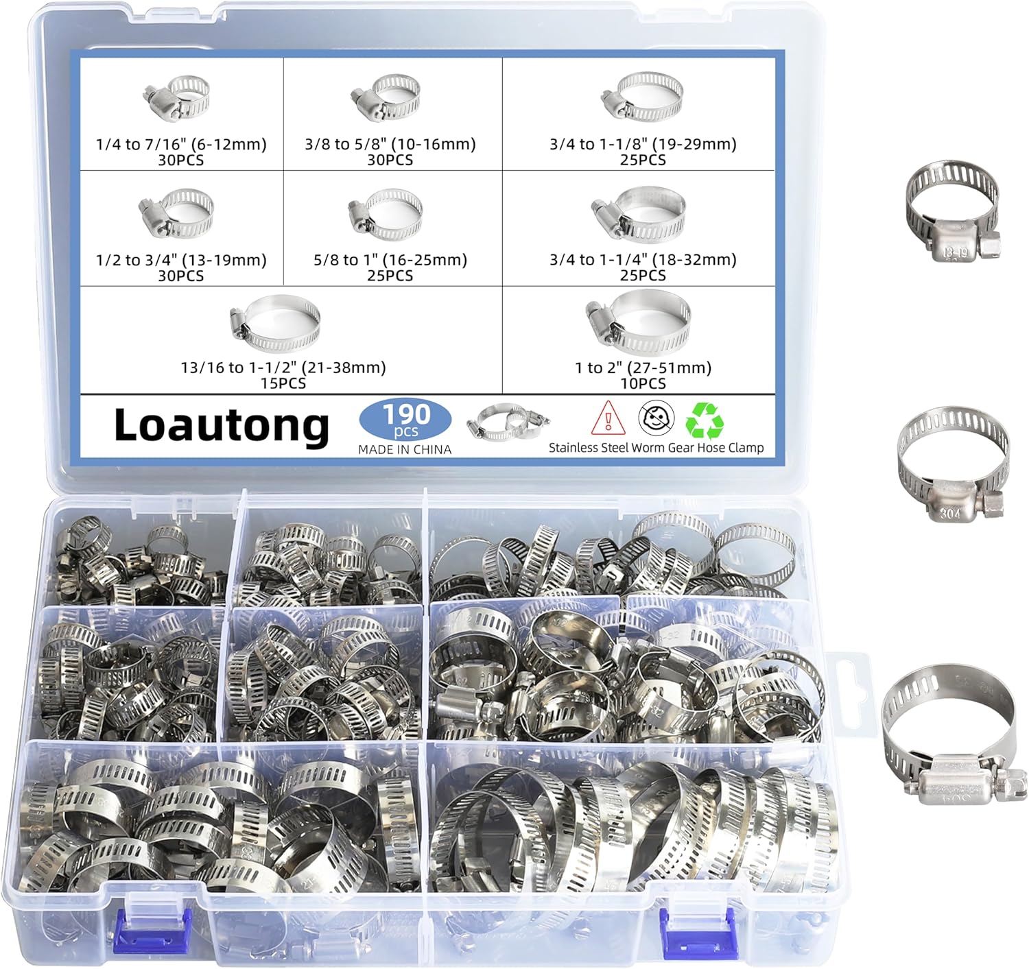 190PCS Worm Gear Hose Clamp Assortment Kit, 1/4"-2"(6-51mm) 304 Stainless Steel Heavy Duty Hose Clamp, Adjustable Worm Gear Hose Clamps Screw Clamps Duct Tube Line Pipe Metal