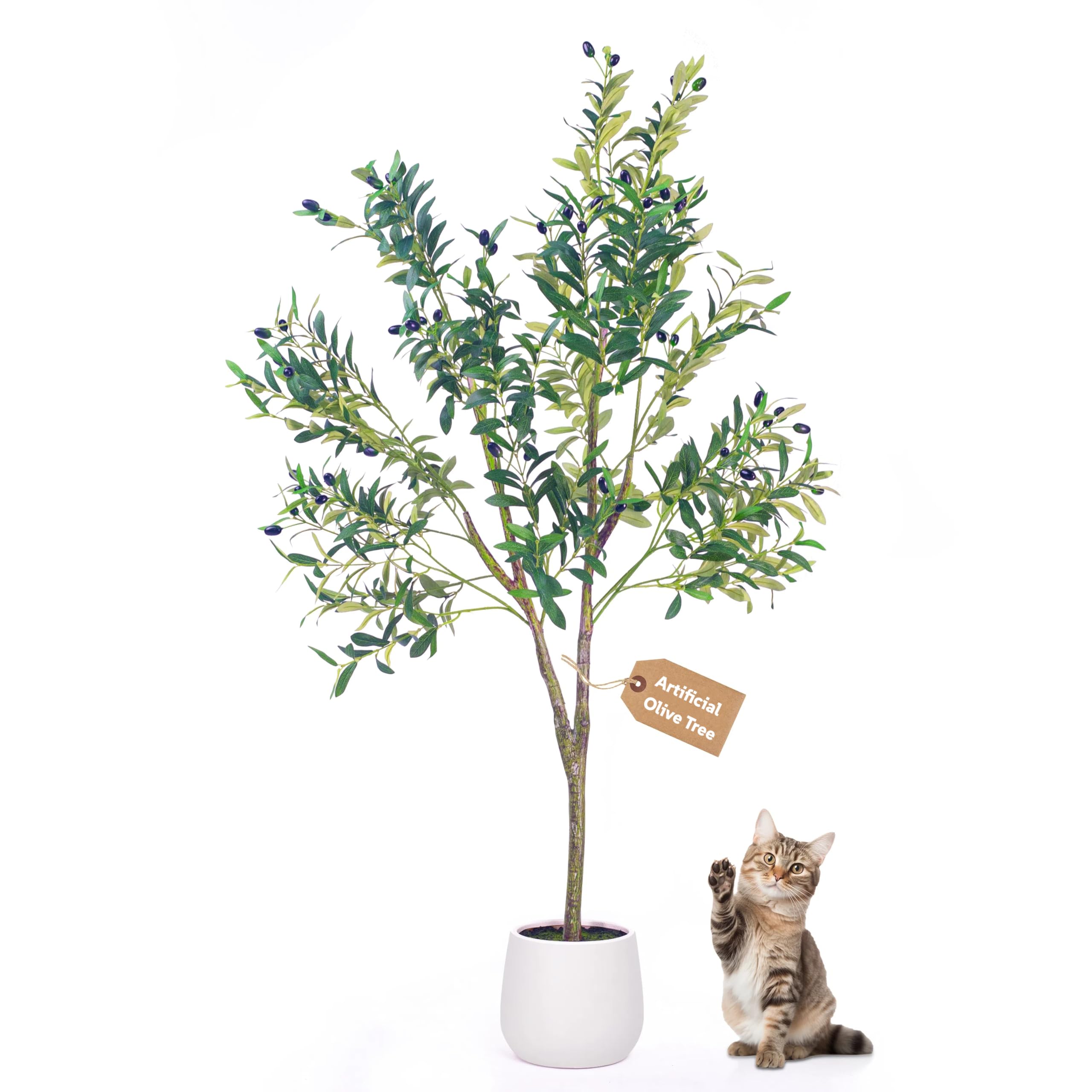 BLATOMIC Artificial Olive Tree, 5FT Tall Faux Olive Tree with White Tall Planter, Lifelike Fruits, 60in x 9in (Width x Depth), Perfect for Home Office Decor