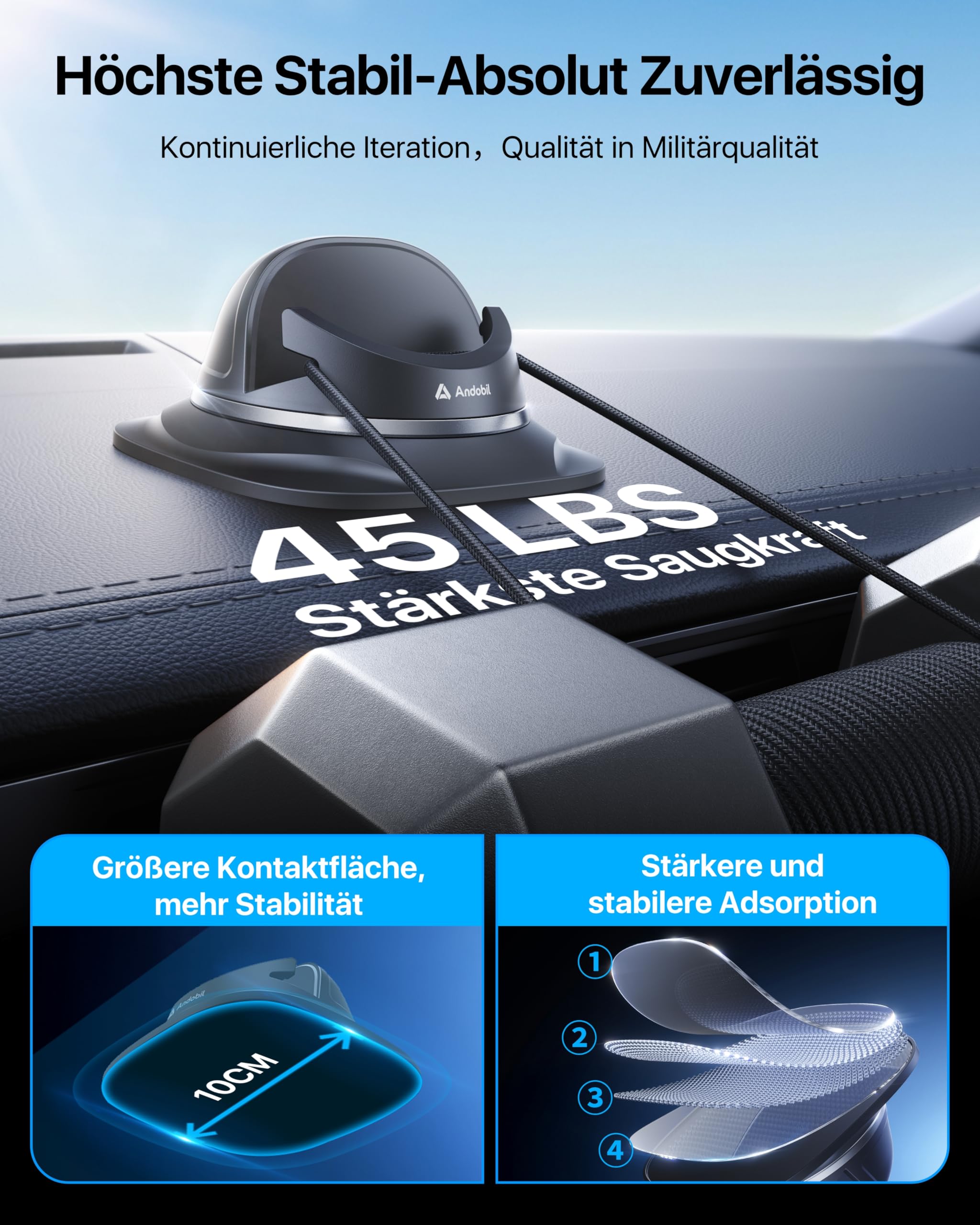 andobil 2026 Upgrade Handyhalterung Auto Armaturenbrett [1-Sekunden-Platzierung & Extreme Stabilität]-360°Drehbar Handy Halterung Auto saugnapf für iPhone 17/16/15/14/13 Pro Max Samsung S25 Ultra S24