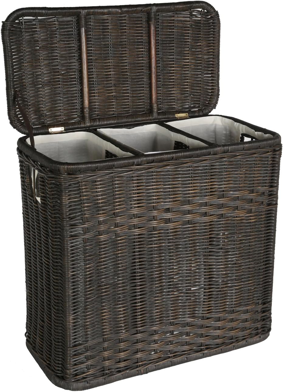 The Basket Lady 3-Compartment Wicker Laundry Sorter Hamper, 30 in L x 15 in W x 28 in H, Antique Walnut Brown