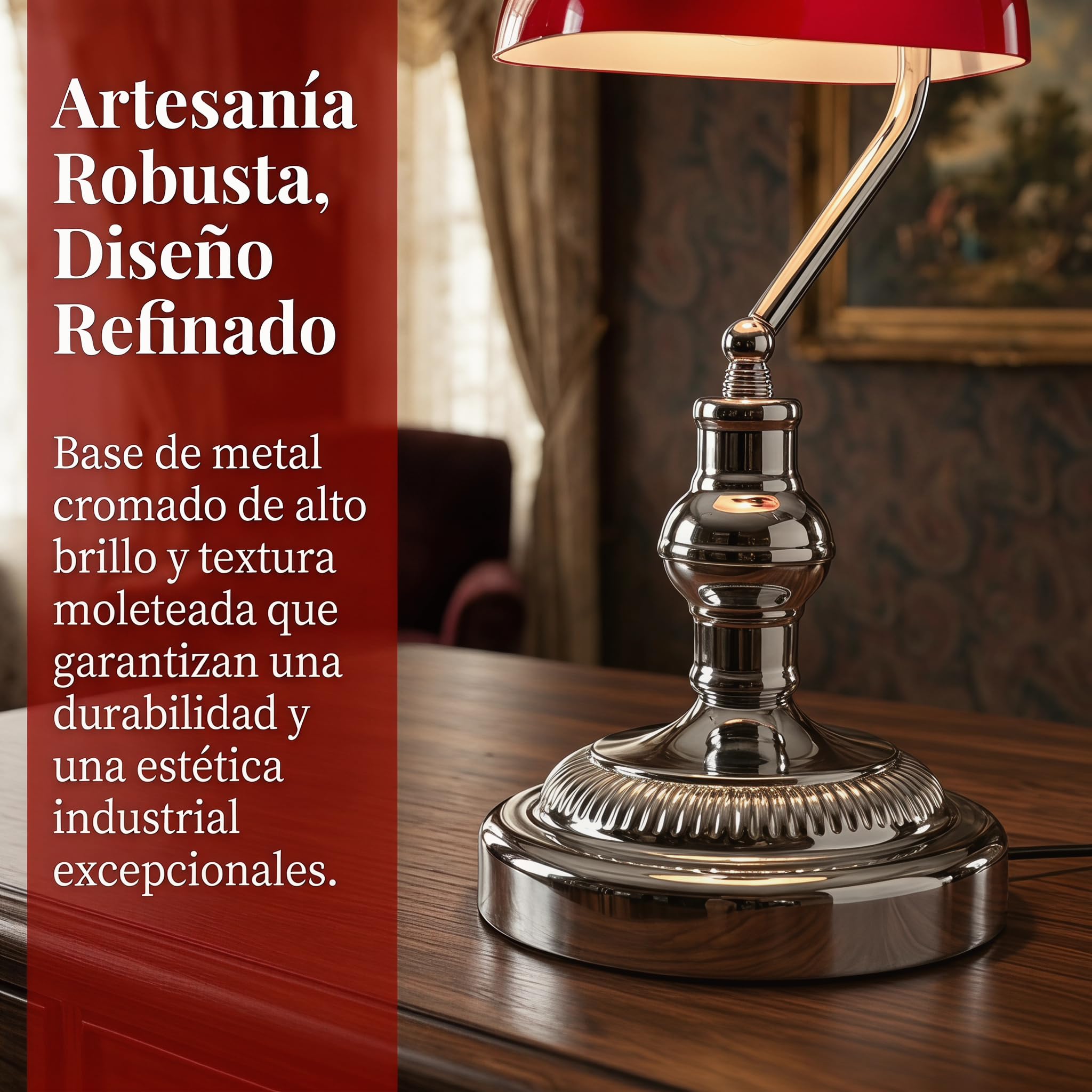 BARCELONA LED Lampada da Tavolo Banker Vintage E27 Paralume in Vetro Rosso Base Cromata Orientabile Luce da Scrivania Classica Stile Industriale Retrò Nordico per Ufficio