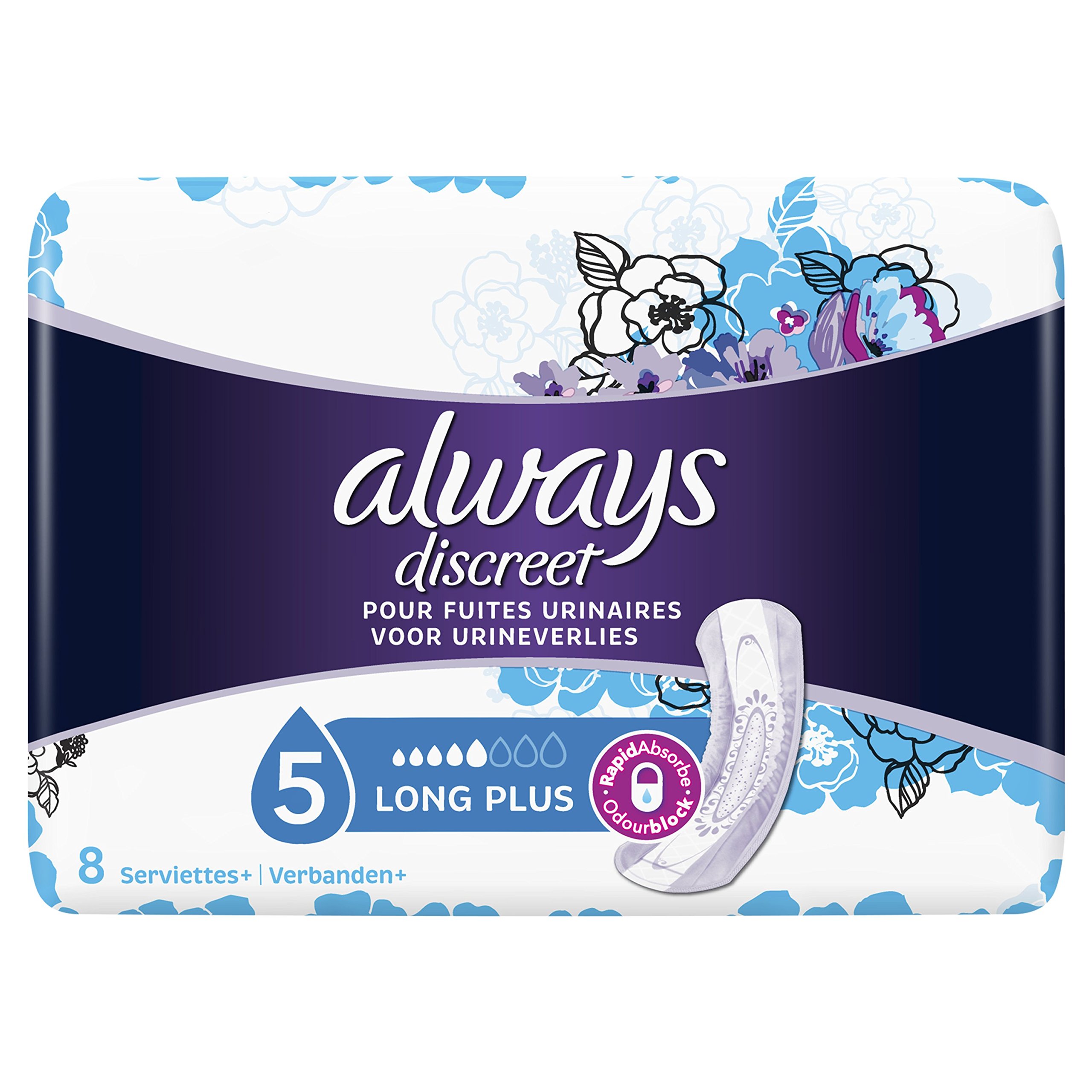 Always Discreet. Compresas largas plus para adultos (incontinencia urinaria), Pack de 2 x 8 unidades