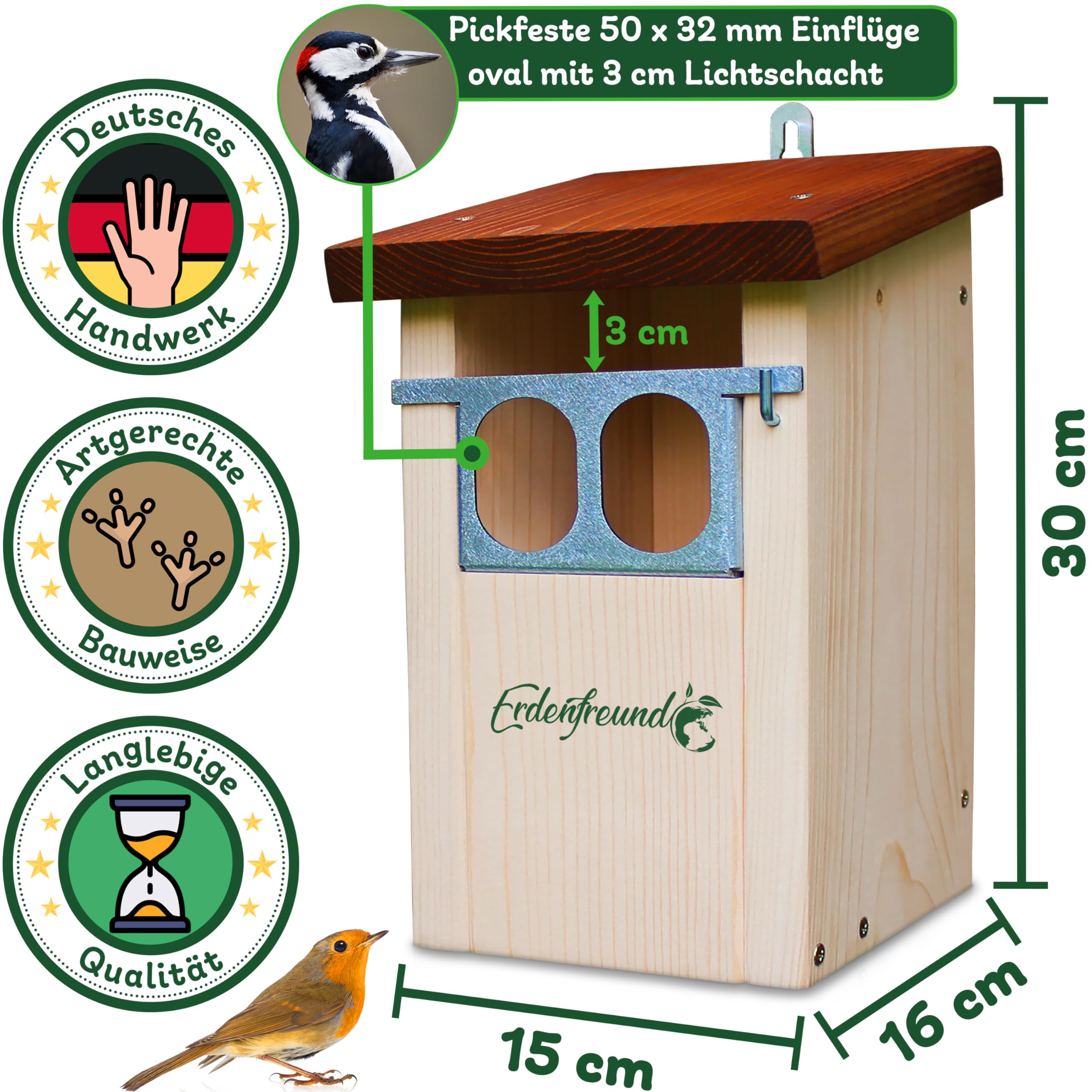ERDENFREUND® Nistkasten Rotkehlchen mit Marder-/Katzenschutz räubersicher Nistkasten für Vögel Rotschwänzchen Lichtschacht Nischeneinflug Spechtschutz (Nistkasten Nischenbrüter räubersicher)
