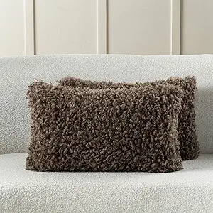 FUTEI Chocolate Decorative Throw Pillow Covers 12x20 Inch Set of 2,Soft Fluffy Faux Wool Fur Boucle Textured Lumbar Pillow Case,Modern Home Decor for Couch Bed Living Room Office