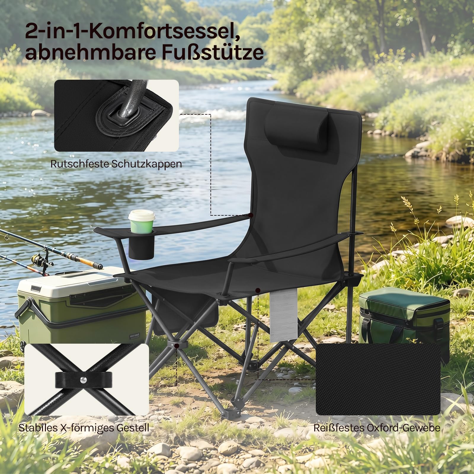 WOLTU Campingstuhl Faltbar mit Fußablage,2-in-1 Strandstuhl klappbar,Angelstuhl Camping Klappstuhl mit Getränkehalter Aufbewahrungstasche für Camping Strand Angeln