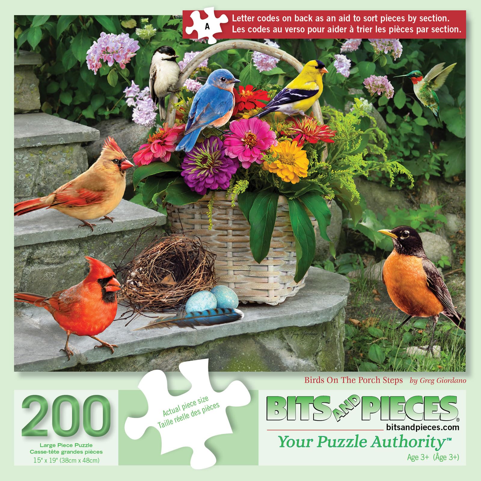 Bits and Pieces 200 Piece Puzzles for Adults 200 Large Pieces 15" x 19" Jigsaw Puzzles, Birds and Flowers, Random Die Cut, No 2 Pieces Alike, Birds on The Porch Steps