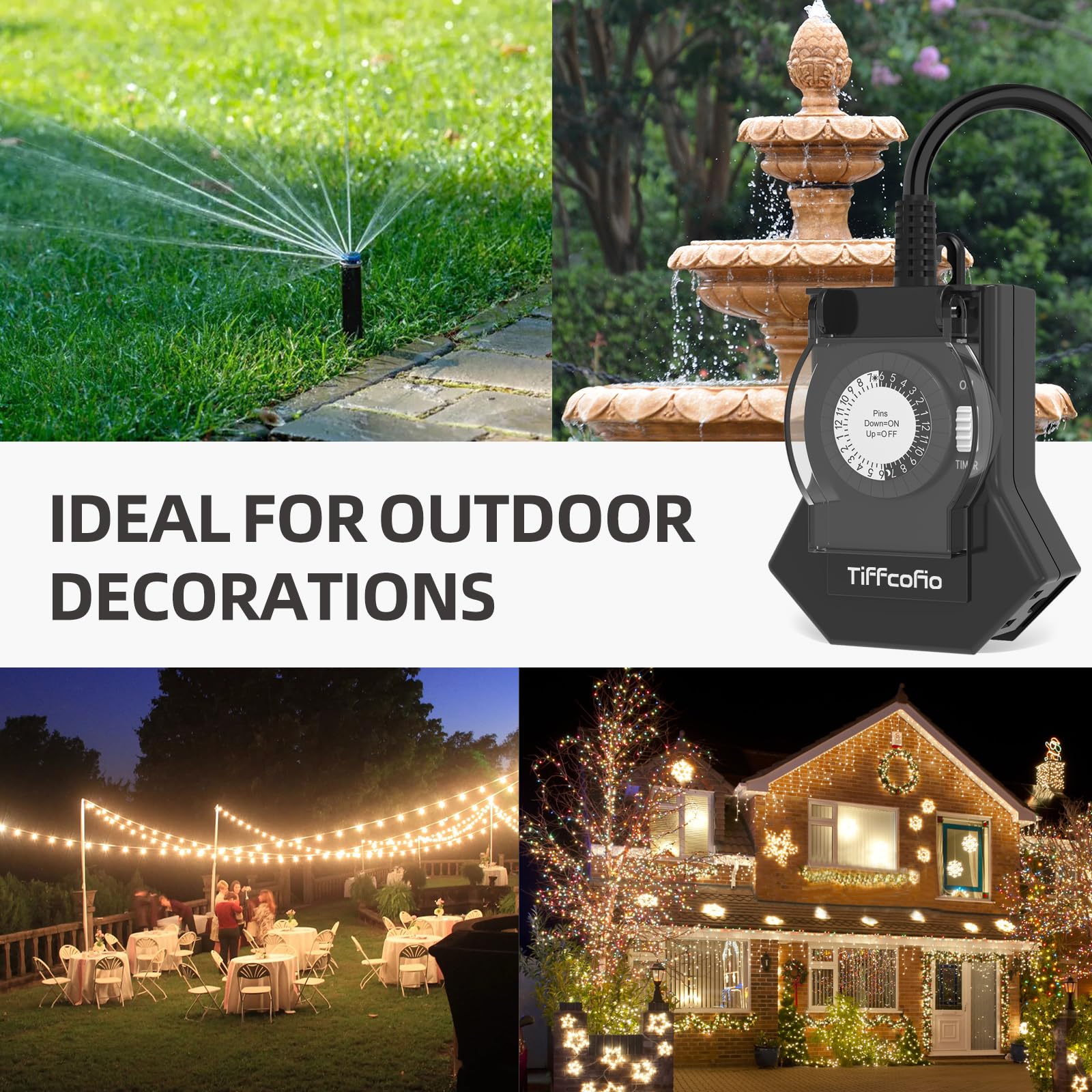 TiFFCOFiO Temporizadores de luz para exteriores impermeables, temporizador mecánico de 24 horas para exteriores, 3 tomas de tierra para el hogar y el jardín, 15 A 1/2 HP, resistente, con certificación