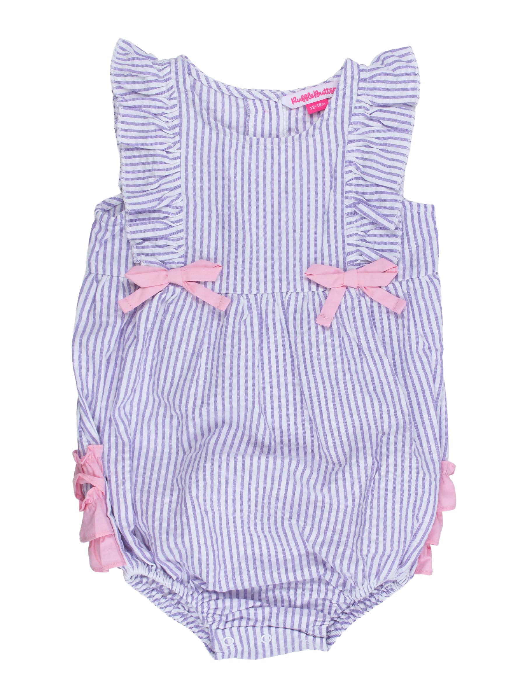RuffleButts Baby Girls Bow Front Bubble Woven Romper