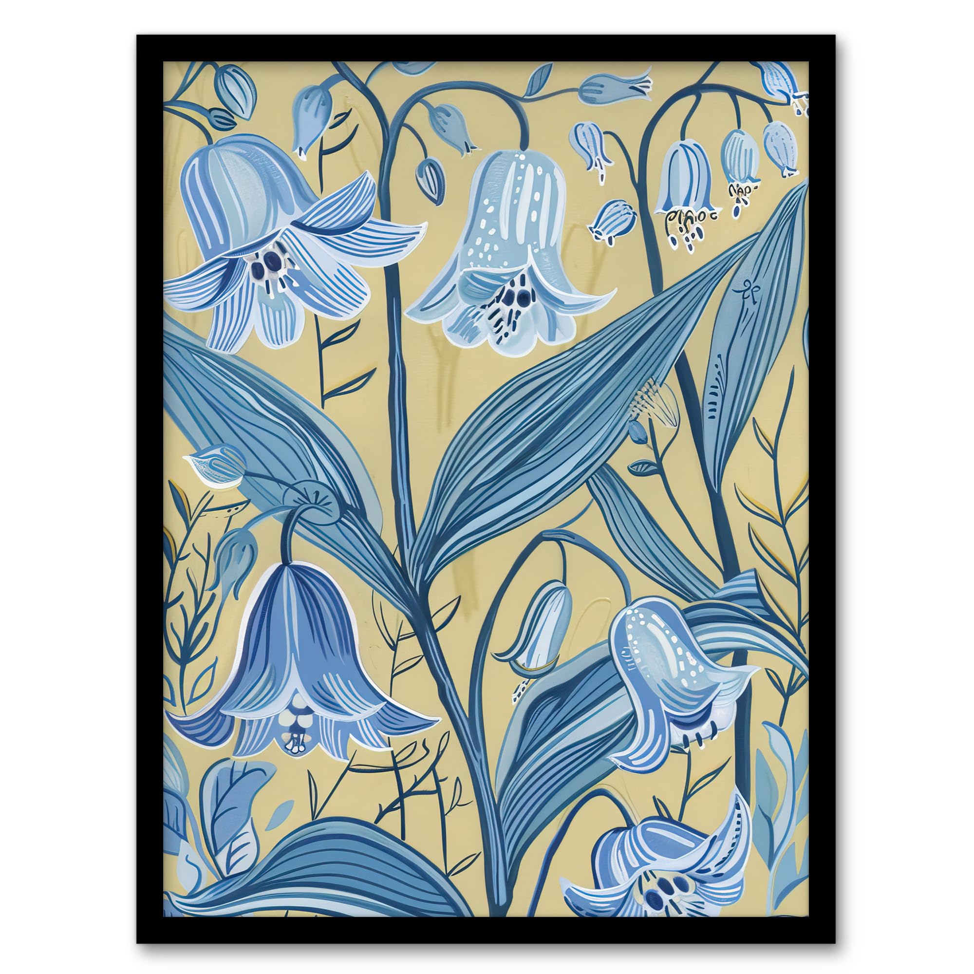 Artery8 Bluebells in Bloom Painting Ochre Blue Flowers Living Room Artwork Framed Wall Art Print A4
