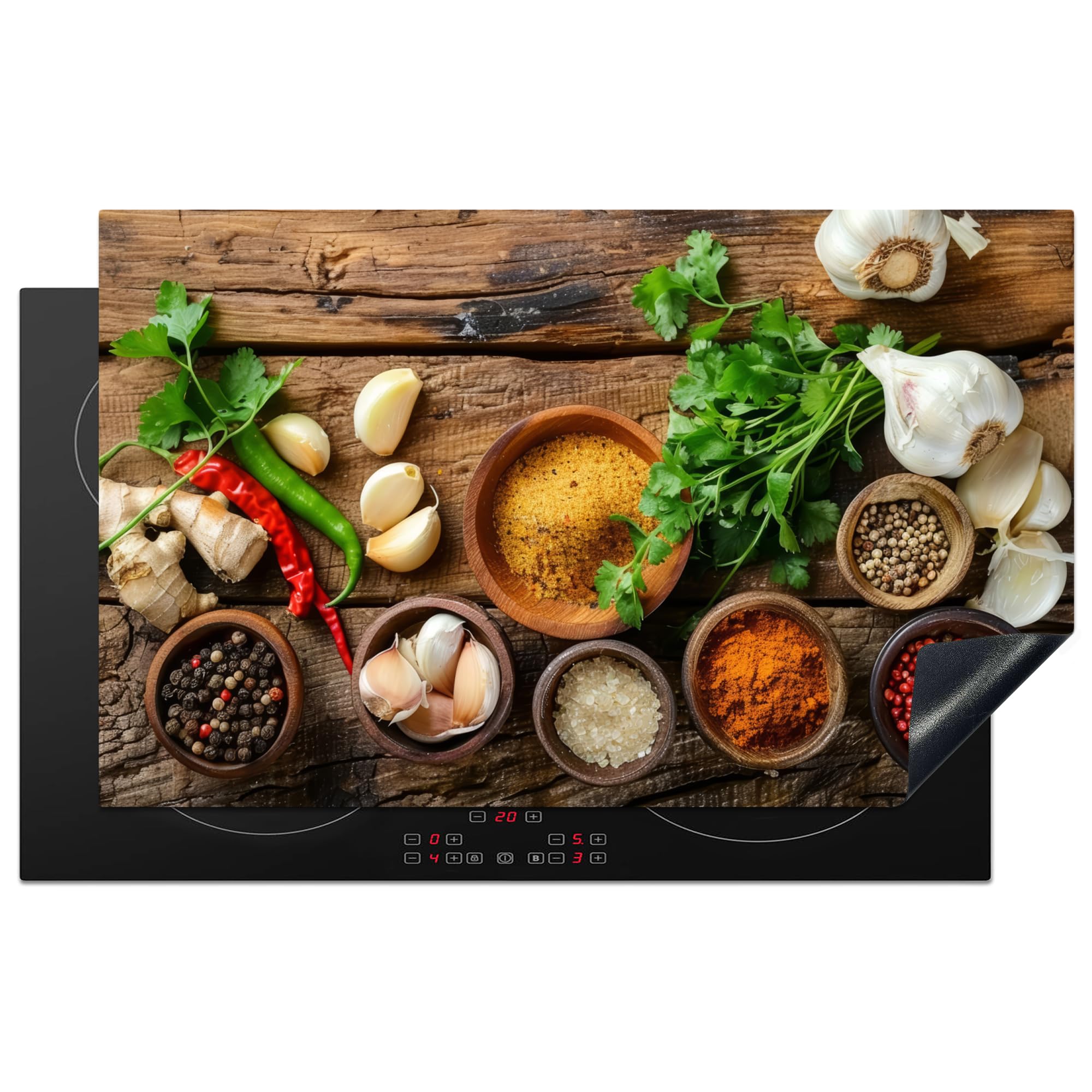 KitchenYeah© Induction Hob Protector Mat 20.5"x33.5" / 85x52 cm Cooker Top Protectors Cover Ceramic Covers Electric Hobs Vinyl Herbs - Spices - Basil - Wood Print - Garlic — image 1