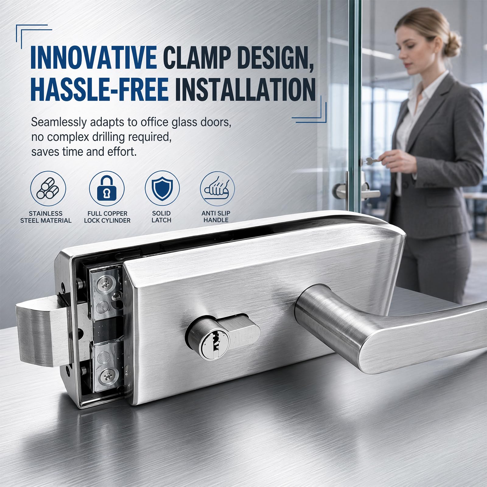 Serrure de porte en verre en acier inoxydable avec poignée coulissante et 3 clés pour bureau, salle de bain, balcon, ferrure de porte en verre pour épaisseur de verre de 8 à 12 mm, espace de
