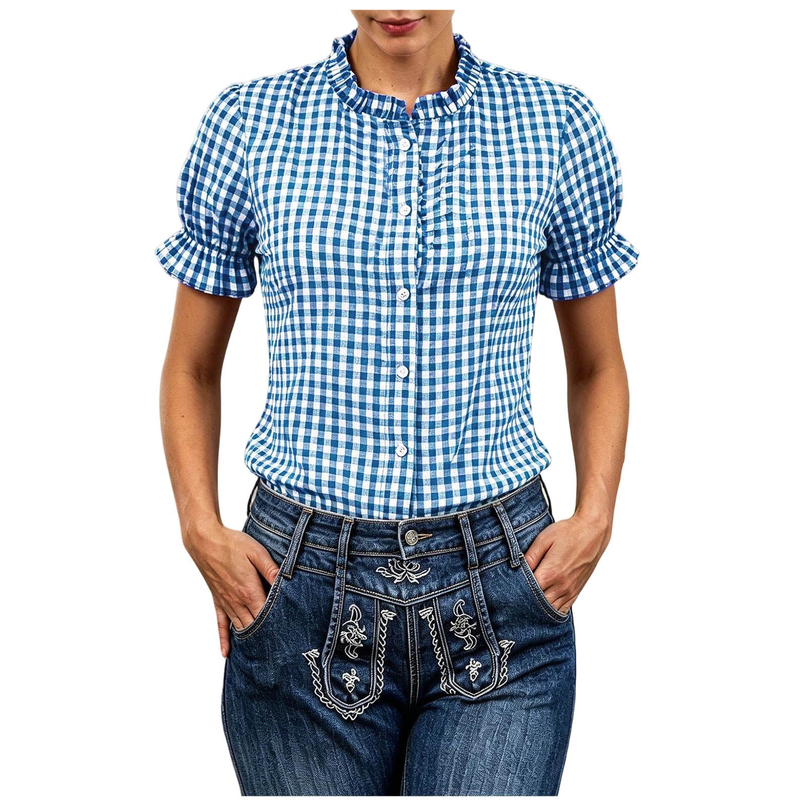 Trachtenbluse Damen Kurzarm Rot Weiß Karierte Bluse mit Knopfleiste Puffärmel Kariertes Trachtenblusen Oktoberfest Damen Outfit Moderen Bayrische Trachten Oberteil Trachtenshirt Karohemd