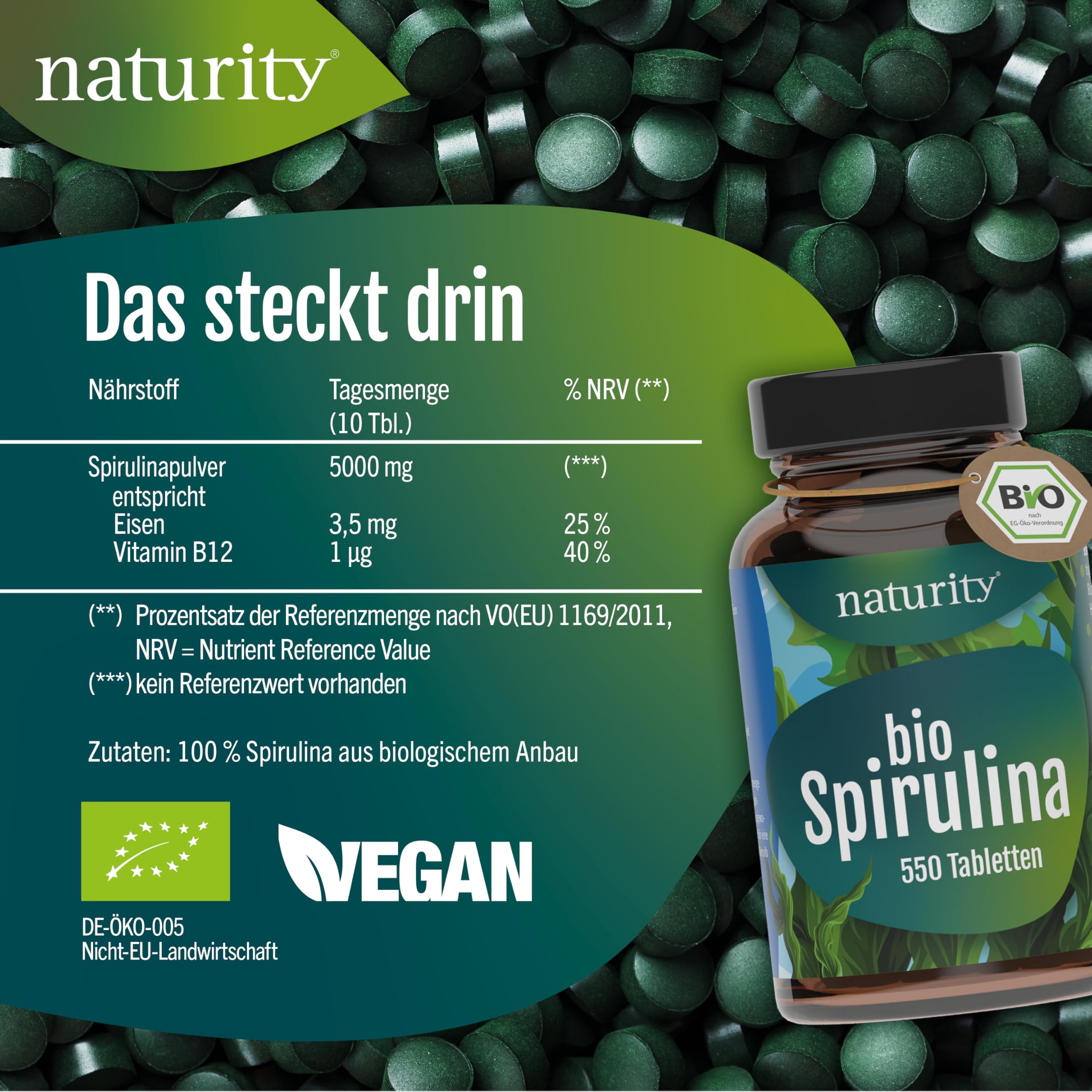 BIO Spirulina Tabletten I 550 Presslinge, 100% gemahlene Spirulina I Mit natürlichem Eisen-Gehalt I Ökologisch kultiviert & Bio-zertifiziert I Vegan, ohne Zusätze & Rückstände I Naturity