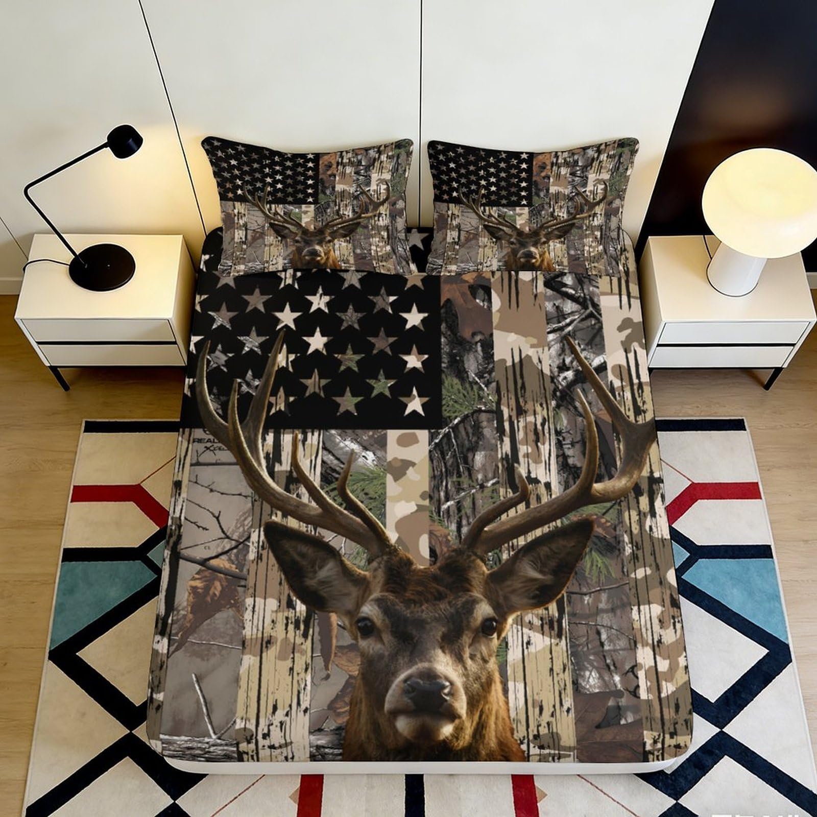 3D Printed Deer Camouflage Fitted Sheet Microfiber Soft Breathable American Flag Bed Cover for Bedroom Dormitory Guest Room Mattress Protection 180x200x25cm
