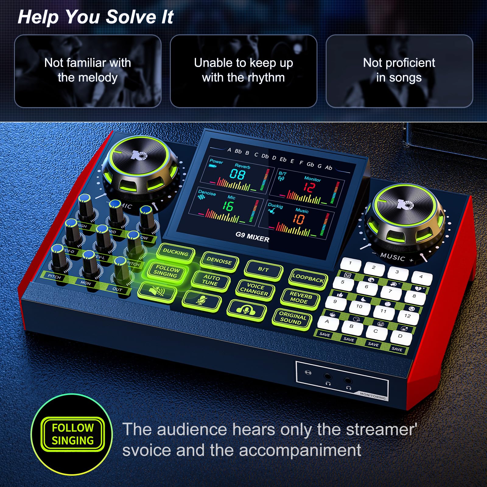 TENLAMP G9 Podcast-Equipment, Audio-Interface mit Soundeffekten, 3,5mm Kondensatormikrofon-Set, Tischstativ, Hall-Regler, Stimmenverzerrer, Rauschunterdrückung, Monitoring, für PC, Handy, Streaming