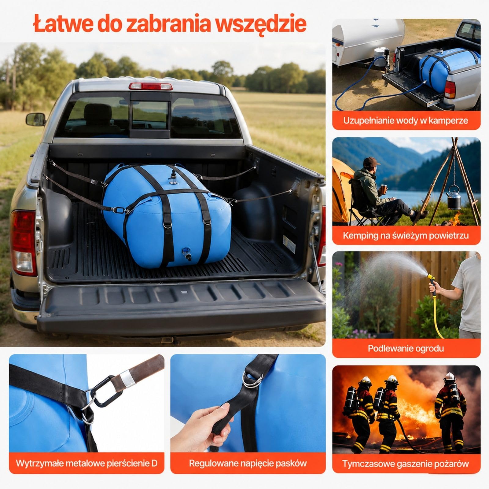 Worek do przechowywania wody 132 l / 35 gal, niebieski miękki worek TPU z nakrętką wlotu, pętlami mocującymi i akcesoriami do kampera, biwaku i nawadniania