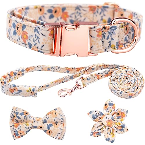 Dog Collar and Leash Set Girls Adjustable Puppy Collars with Floral Bow Tie for Small Medium Large Female Dogs, Orange Flower, S