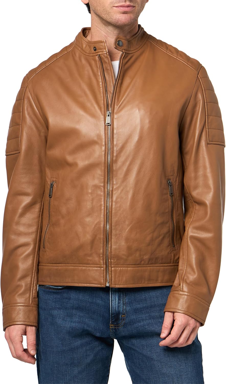 Cole Haan Men's Stand Collar Fully Lined Leather Jacket