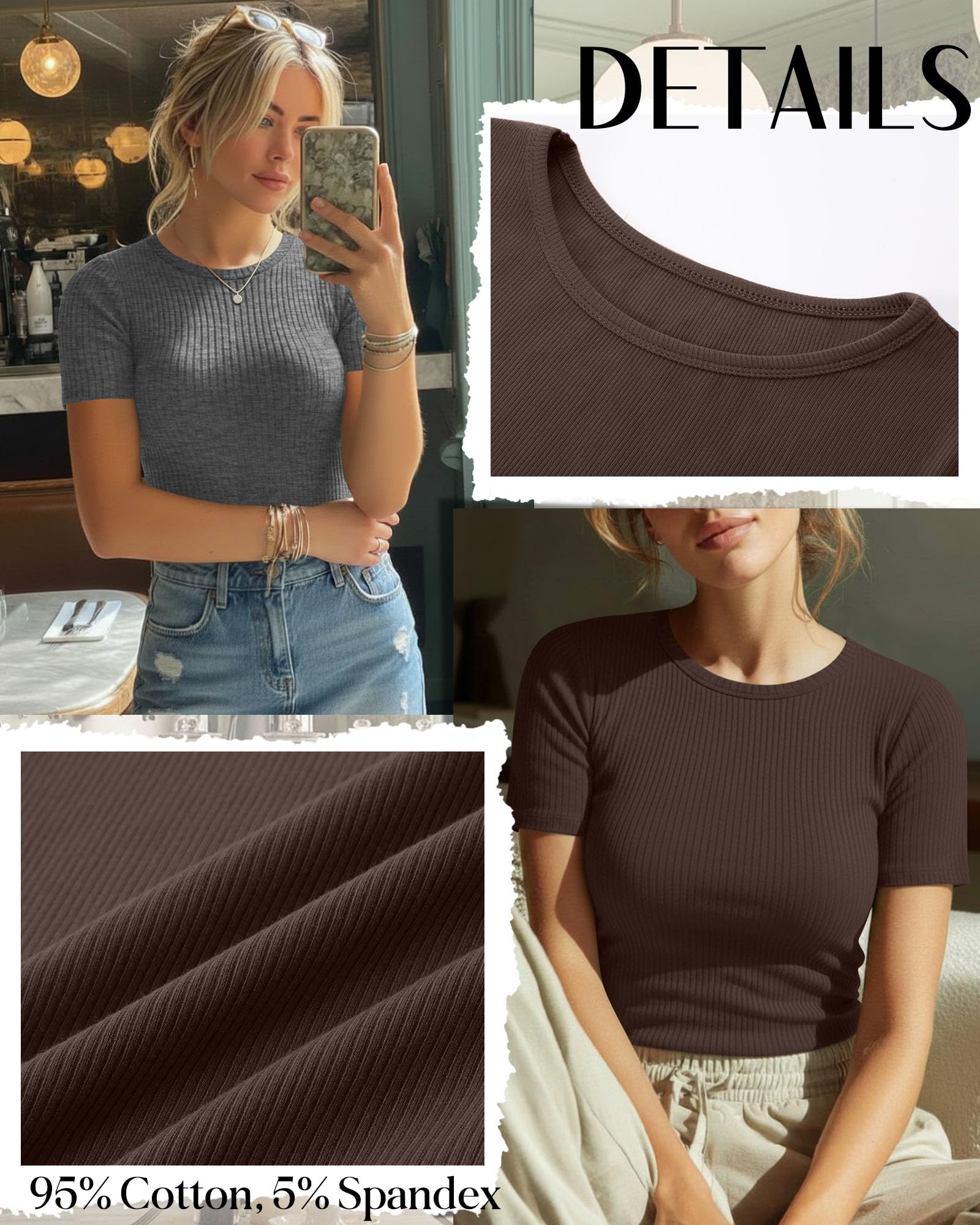 Neer Paquete de 4 camisetas acanaladas de algodón de manga corta para mujer, camisetas básicas de cuello redondo, camisas casuales de moda de verano 2026