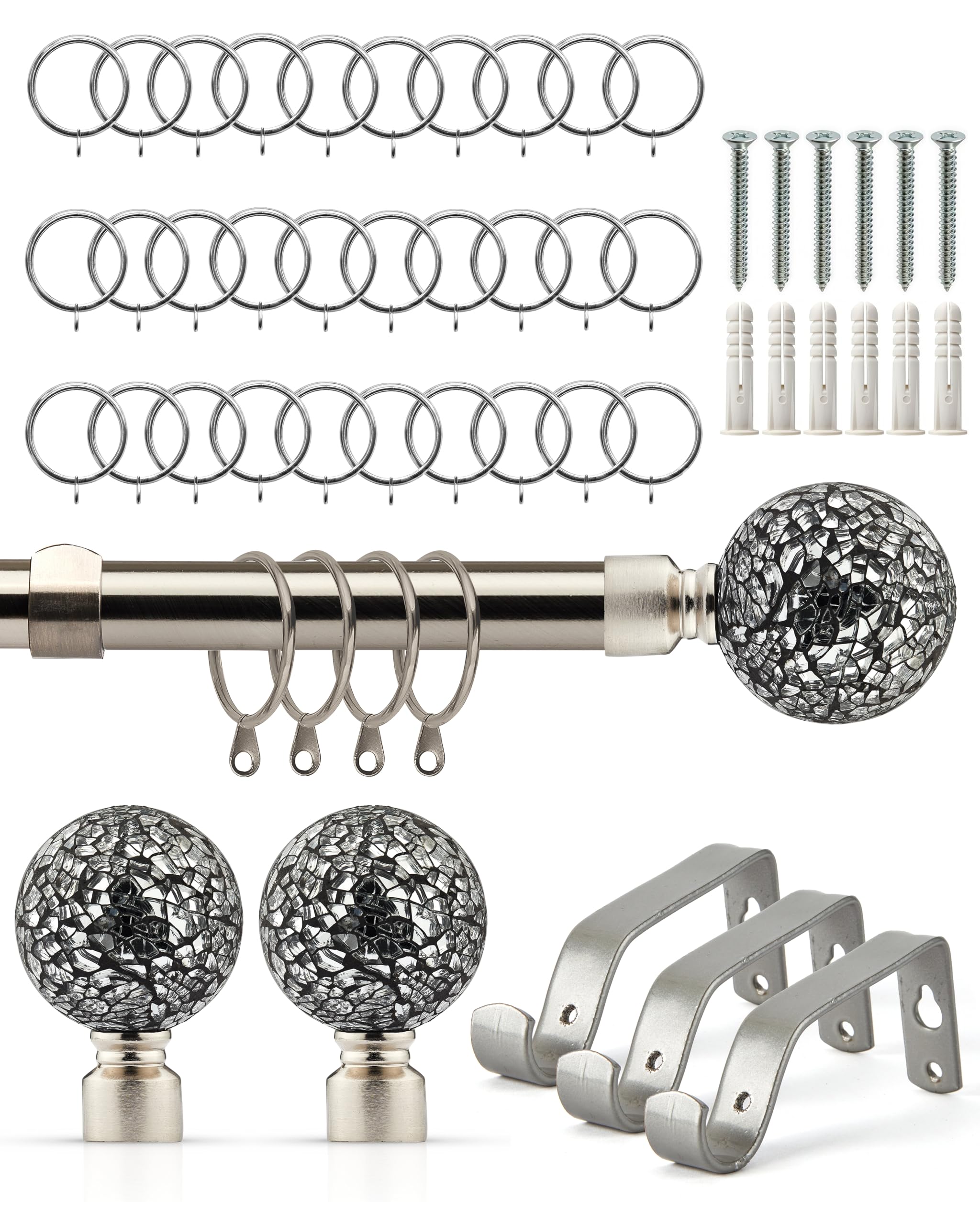 Emma Barclay Extendable Curtain Pole With Finials Rings Brackets & Fittings Sets 16-19mm in Brushed Silver Metal Curtain Poles For Eyelet Curtains Rod - Cut Glass Collection 1.6m - 3m Brushed Silver