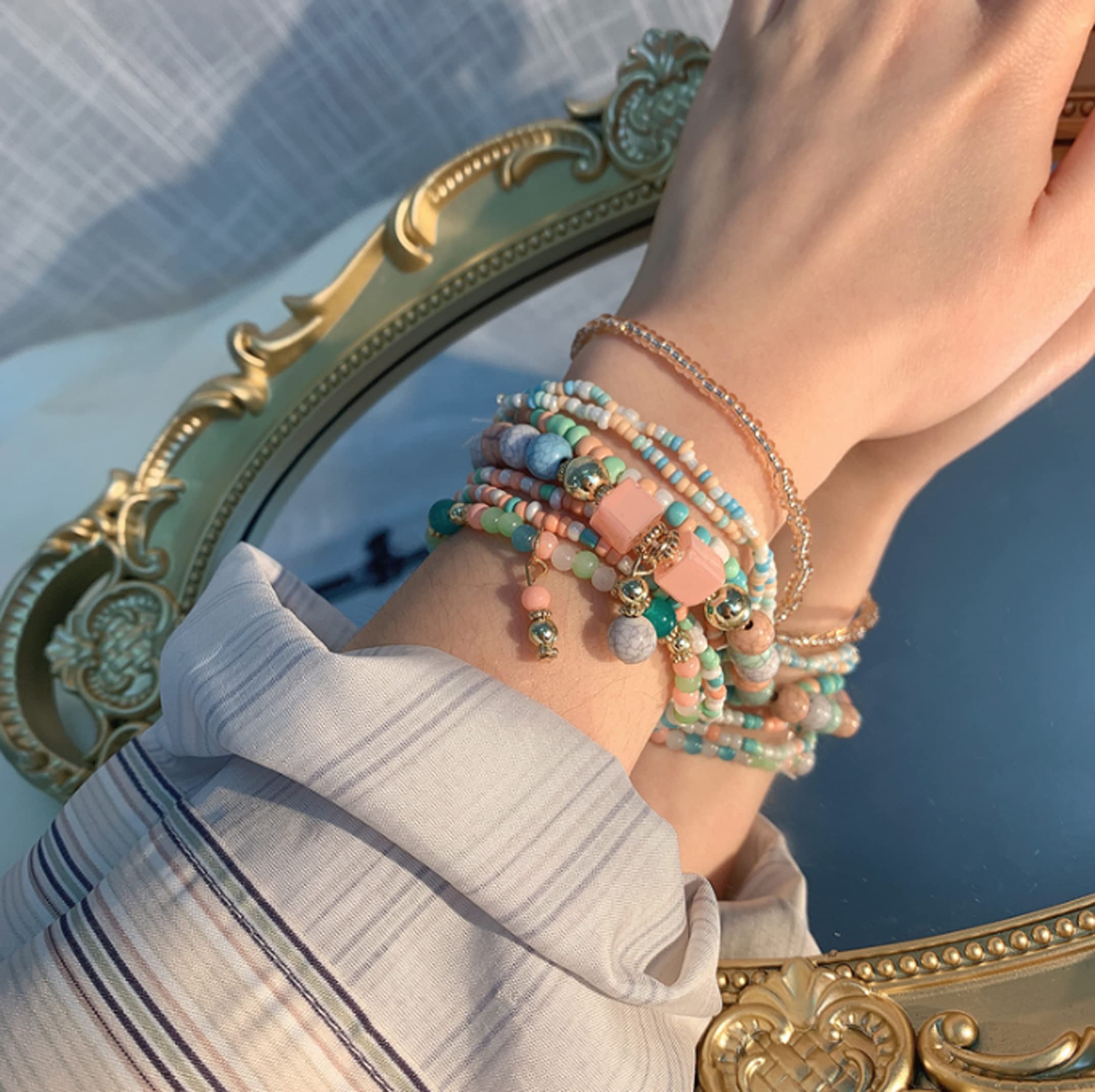 CFWSHJ Bracciale Elasticizzato con Perline Multistrato da Donna Braccialetti con Perline impilabili Bohemien Bracciale con Perline Elasticizzate Boho