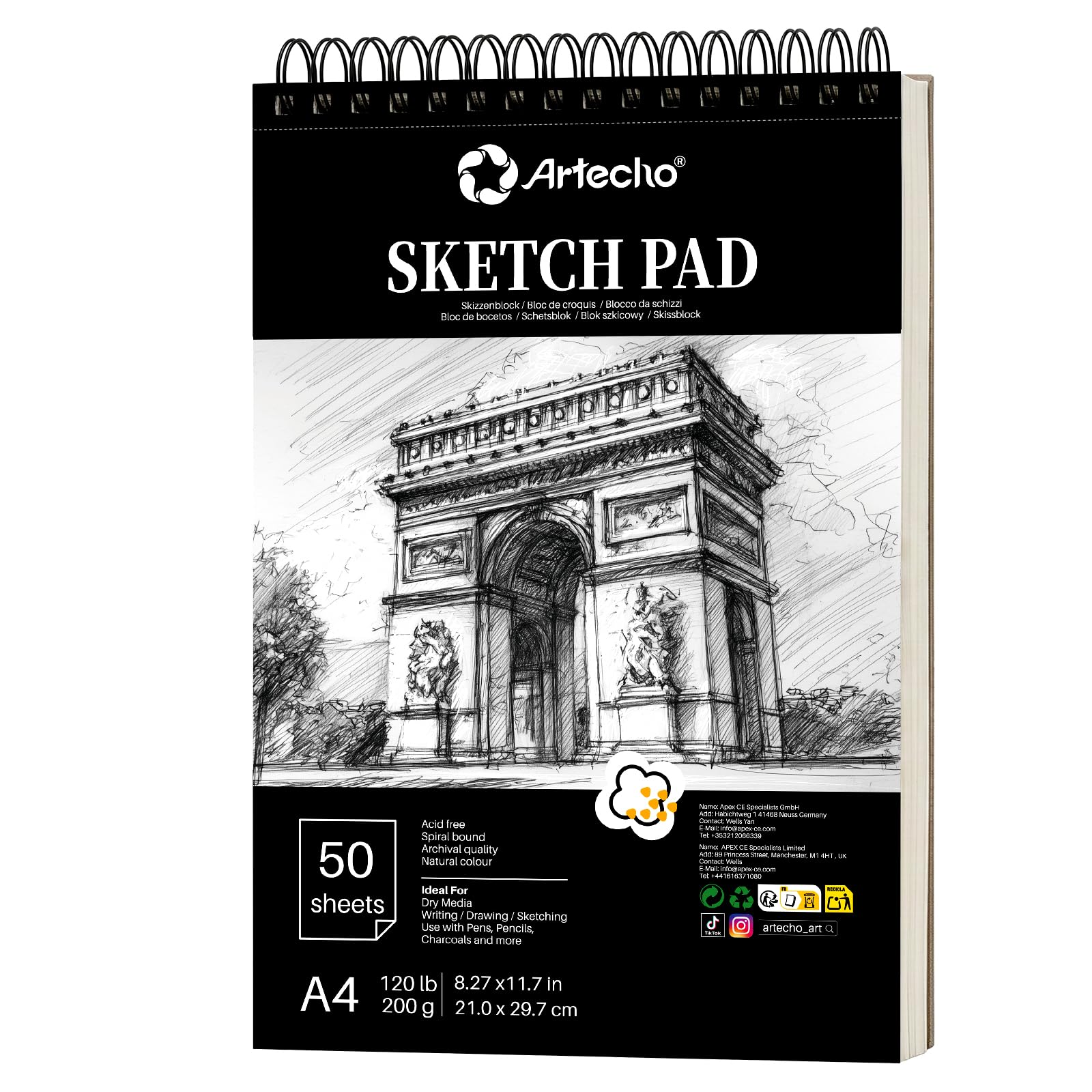 Artecho Skizzenbuch A4, 50 Blatt, Zeichenblock 200 g/m², Sketchbook für Sketch, Lernen, Drawing, Künstlerbedarf für Künstler, Gebunden