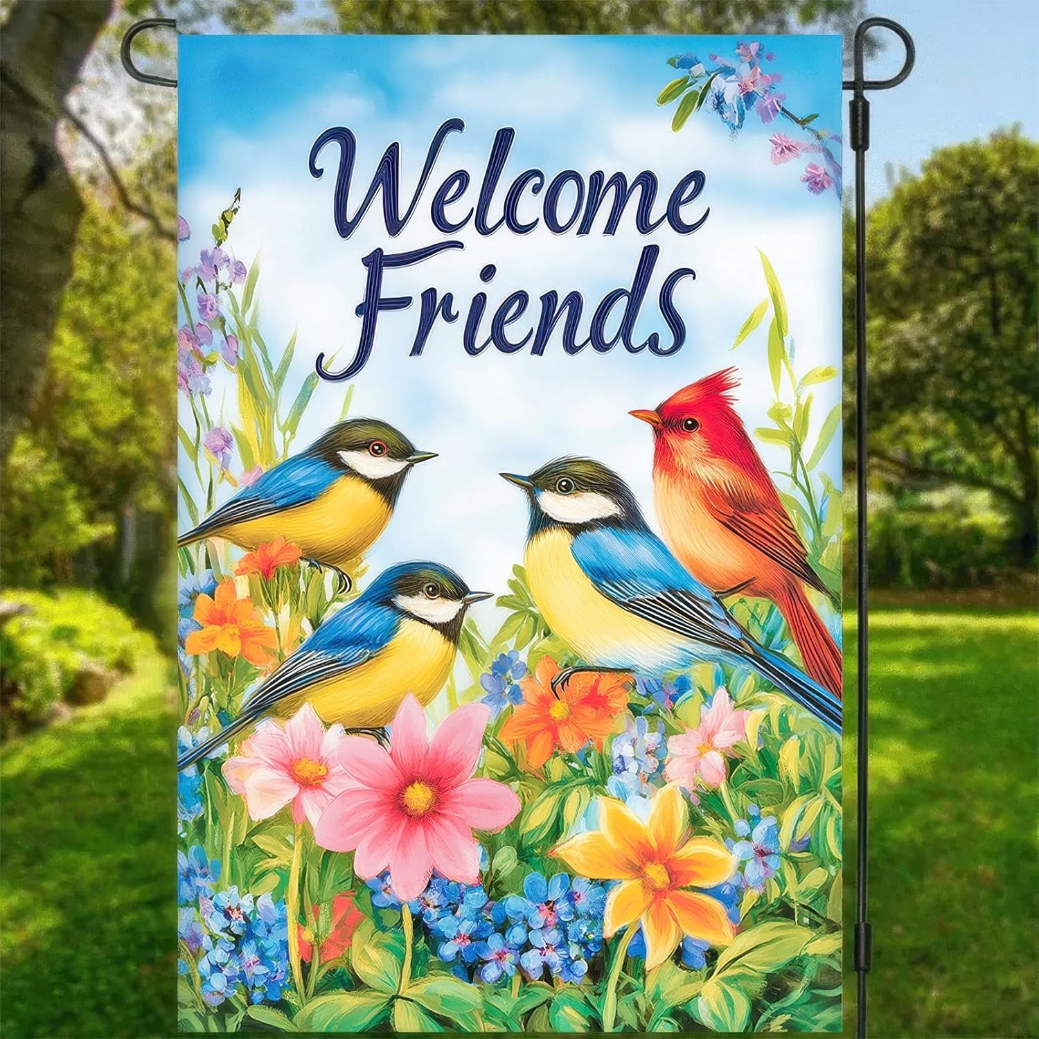 Welcome Spring Garden Flag 12x18 Double Sided Birds and Flowers Yard Flags Welcome Friends Garden Flags Decorative Outside Outdoor House Spring Summer Decoration for Outdoor Lawn Patio - Image 4