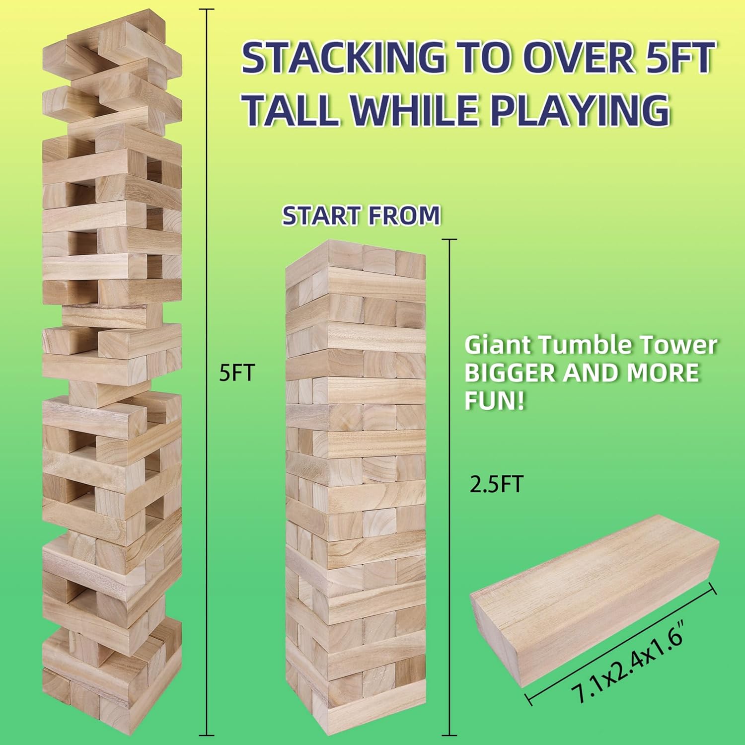 GOTHINK Giant Tumble Tower Game, Large Tumbling Tower Stacking to Over 5 FT 54pcs Wooden Jumbo Blocks for Outside Yard Games with Carry Case Timber Stacking Game Night Toy Gift for Kids Adults Family