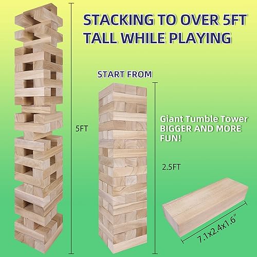 Miniatura 2 de GOTHINK Juego de torre gigante de caída, torre grande que se apila hasta más de 5 pies, 54 bloques gigantes de madera para juegos de patio al aire