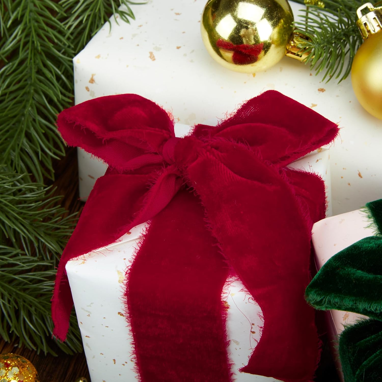 Red Velvet Ribbon for Christmas Tree - 1 1/2 inch Wide Handmade Fringe Fabric Ribbons for Gift Wrapping, Baby Shower, Flower Bouquet