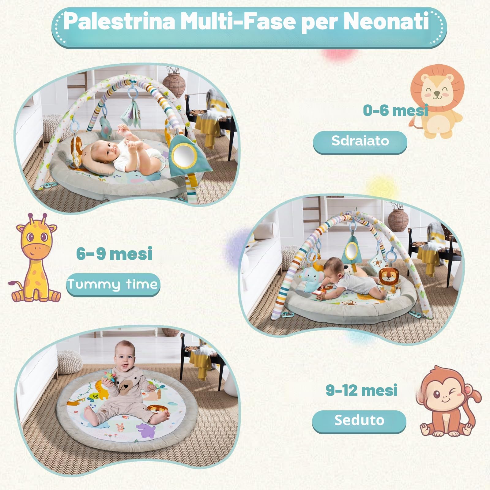 Tappeto e palestra per il gioco del bambino in peluche,Con 6 giocattoli e cuscino luna. Design zoo piegabile, smontabile,Promuove l'ed Aucazione precoce, Baby Tappeto e palestra