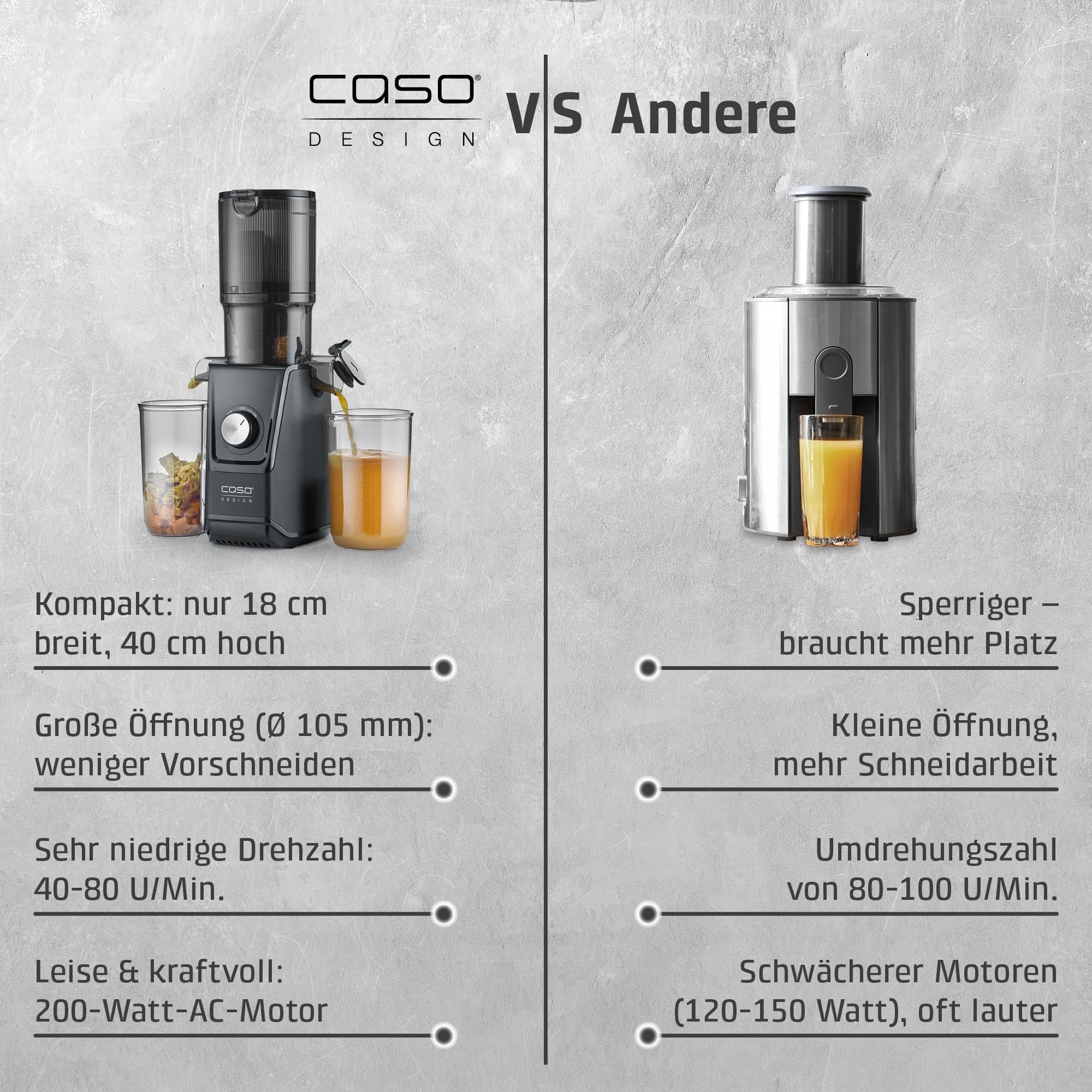 CASO Juice Fit - Slow Juicer, Sanftes und schonendes Entsaften dank niedriger Umdrehungszahl (40 U/min), Fill´n Juice, große Einfüllöffnung von 105mm Ø, Nährstoffe und Vitamine bleiben erhalten