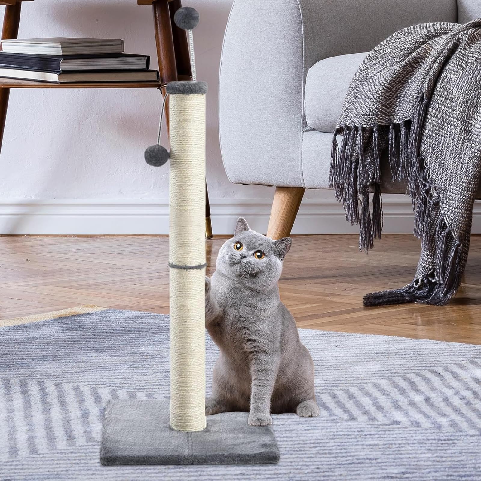 Eyeleaf Tiragraffi per Gatti Adulti 97cm Palo in Corda di Sisal Naturale con Palla Appesa, Morbido Peluche
