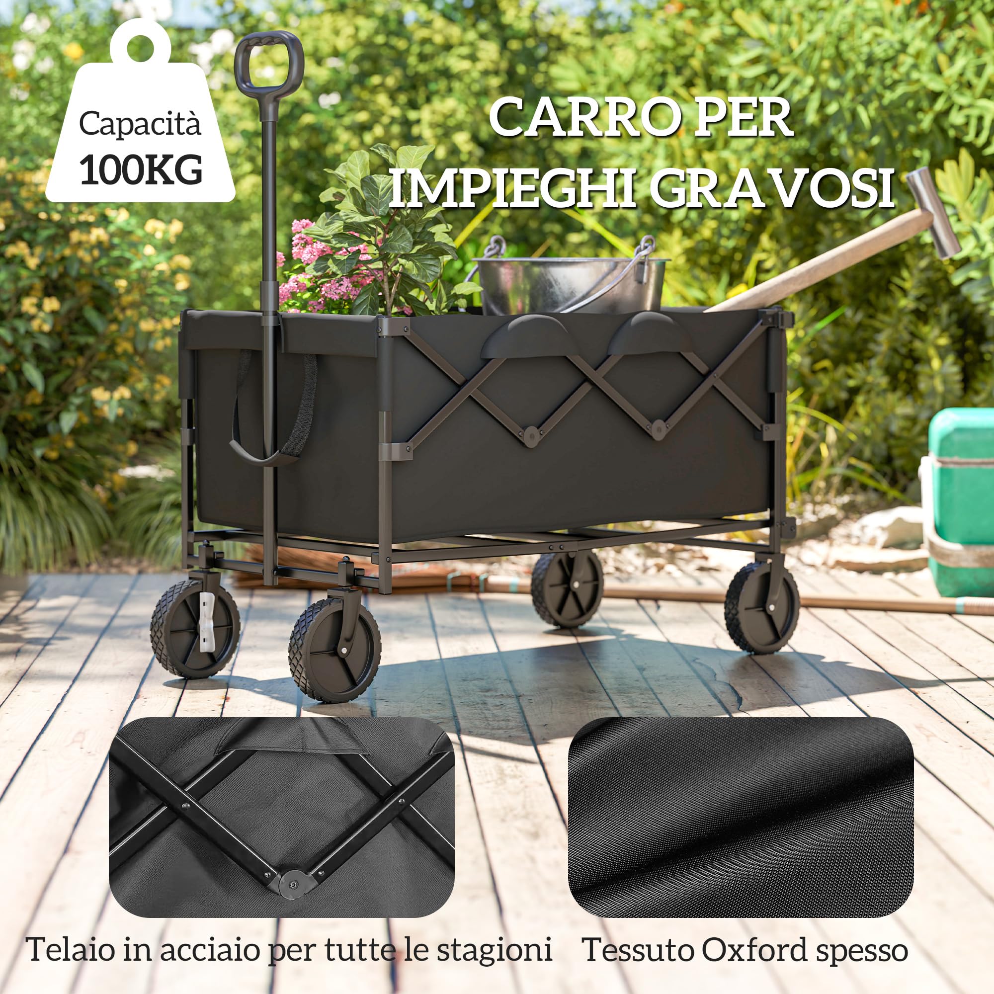 Outsunny Carrello Campeggio da 160L con 4 Ruote Girevoli, Carrello da Campeggio Pieghevole in Acciaio e Tessuto Oxford con Borsa Espandibile e Maniglia Girevole e Regolabile, 95x55x102 cm, Nero