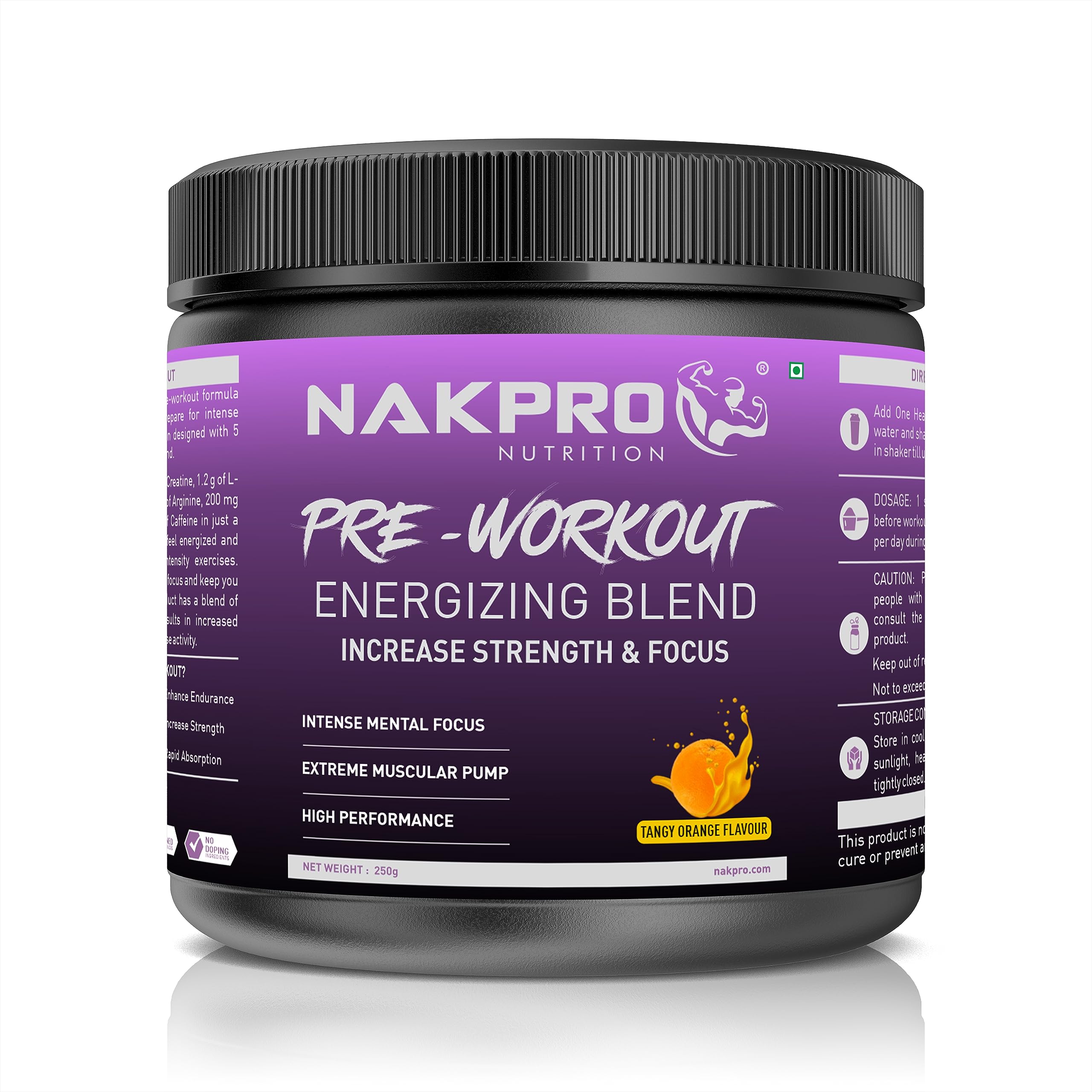 Nakpro Pre Workout Supplement Powder - JAR | 100mg Caffeine, 1.2g Creatine Monohydrate and 1.2g L-Citrulline | 50 per servings, Helps in Lean Muscle Building (Tangy Orange, 250g)-image-33