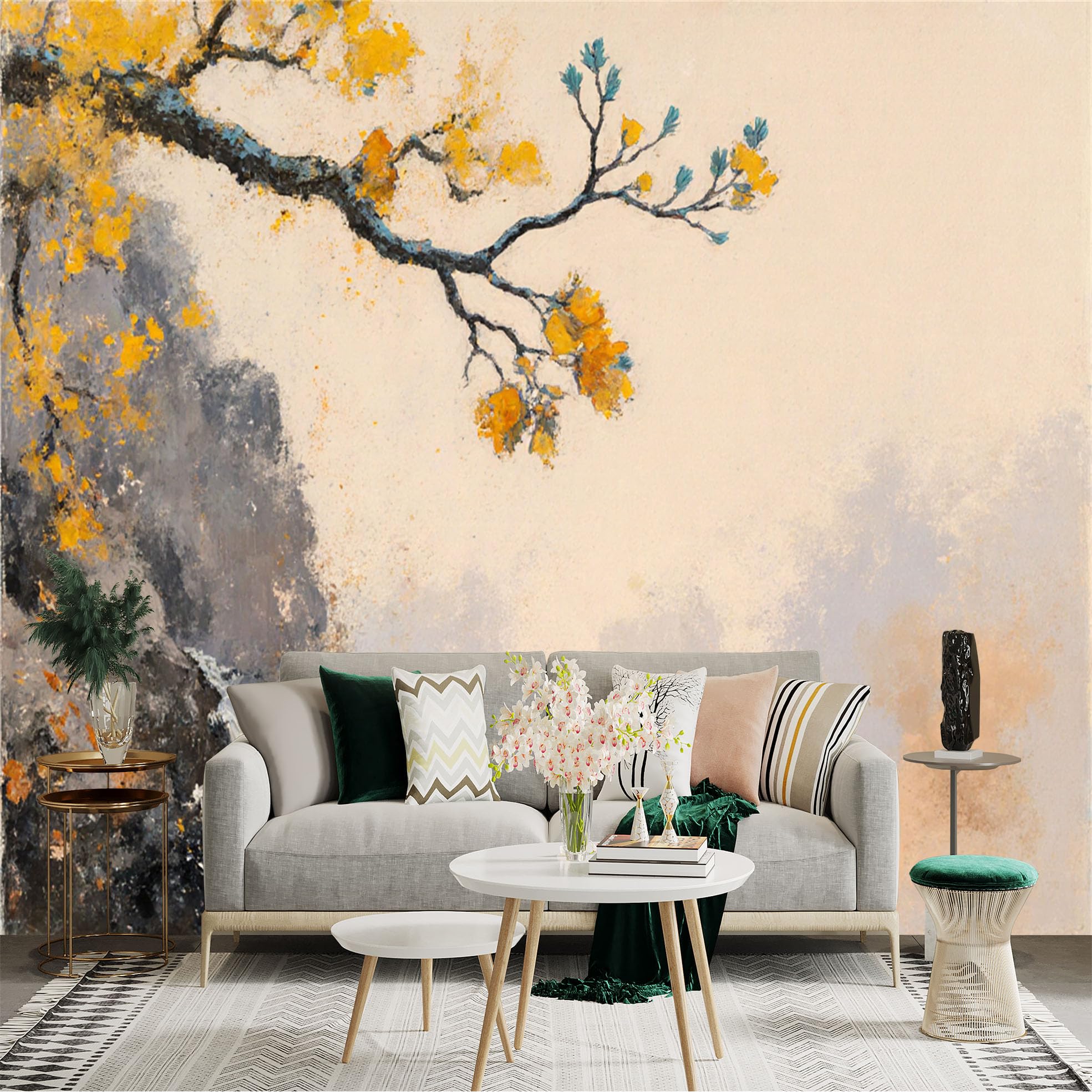 Custom Size Wall Sticker Mural， Impressionist Waterfall Landscape， Golden Autumn Branches， Abstract Mountain Scenery， for wall Decoration， peelandstick wall Decals.