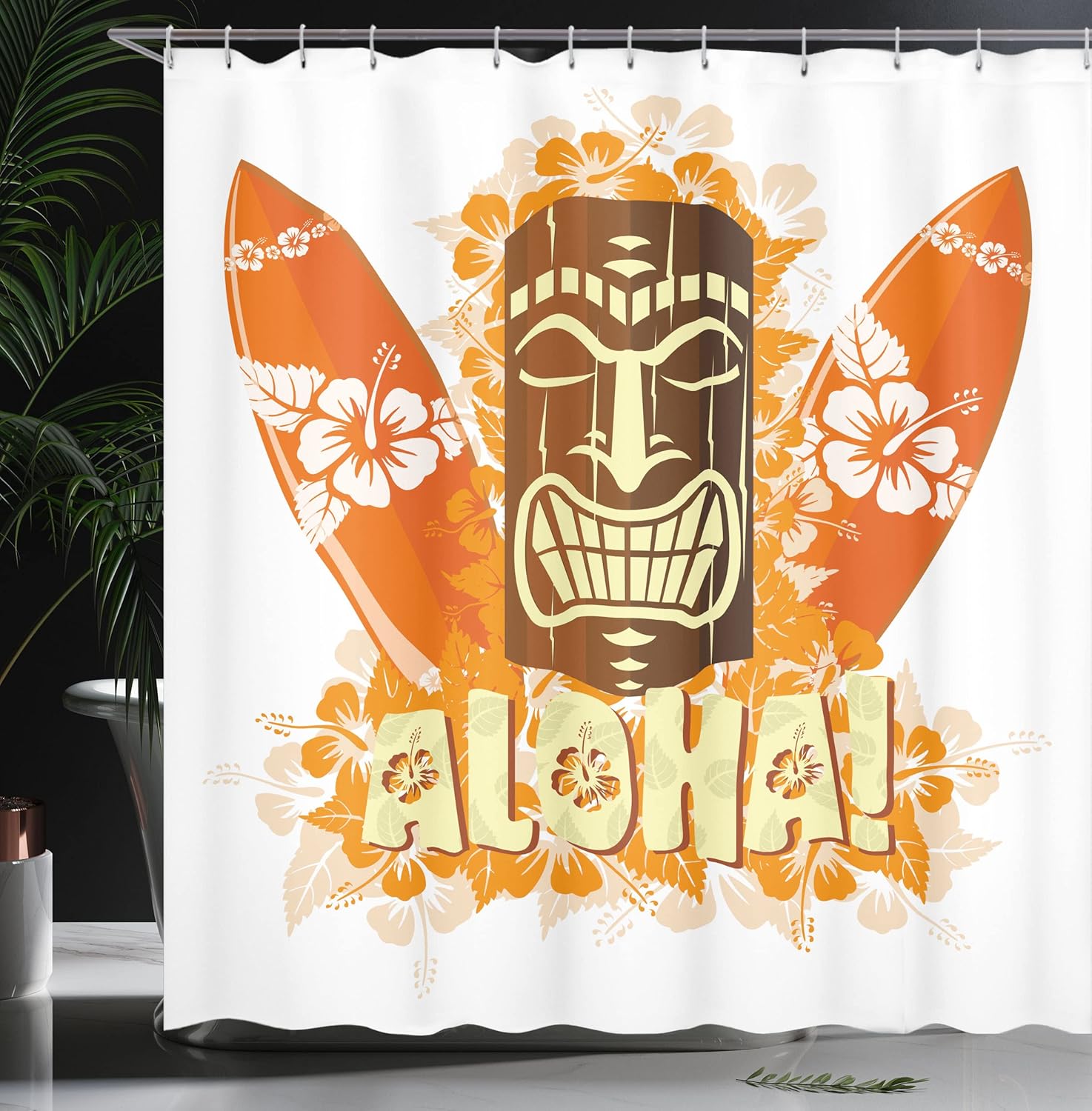 Ambesonne Tiki Bar Shower Curtain, Hibiscus Flora Burst Orange Surfboards Aloha Tropical Summer Season, Cloth Fabric Bathroom Decor Set with Hooks, 69" W x 70" L, Orange Brown Pale Yellow