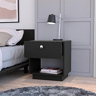 espidoo Black Nightstand with Drawer & Shelf: Modern Bedside Table for Small Apartments - Easy Assembly Compact Storage Furniture for Renters & Studio Living