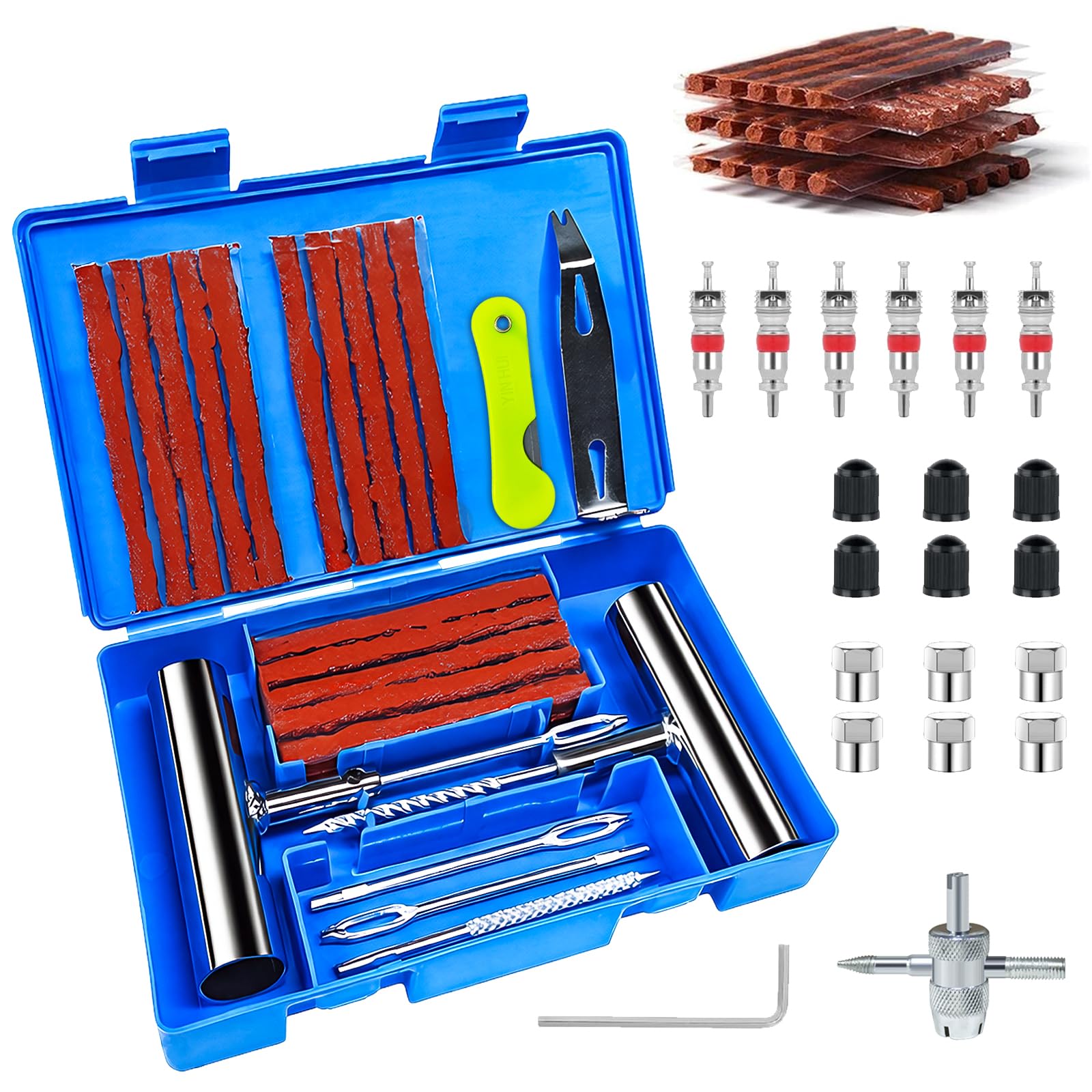 58-teilig Reifenreparaturset für Auto & Motorrad – Professionelles Autoreifen Reparaturset Werkzeug, Edelstahl-Werkzeuge im Aufbewahrungskoffer, Flicken Satz Für Tubeless Reifen aller Fahrzeuge
