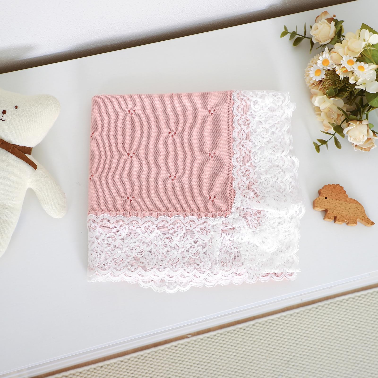 Hadetoto Knit Baby Blanket Cotton Soft Lace Crochet Cellular Blankets Baby Essentials for Newborn Girls Boy 82x102cm (Pink) - Image 4