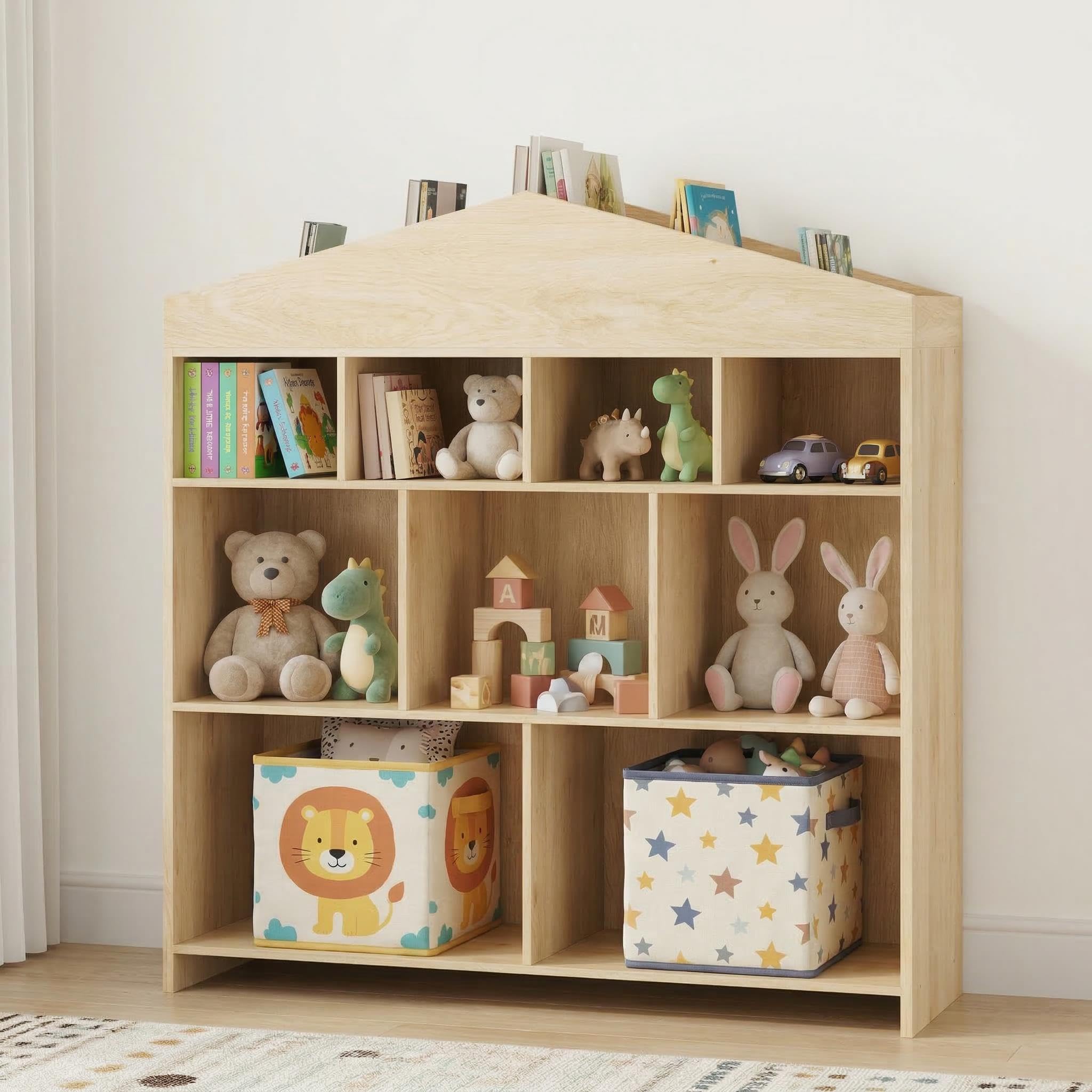 Estantería Infantil En Forma De Casa, Librero Organizador De Madera con 4 Niveles y 15 Compartimentos para Libros y Juguetes, Mueble con Kit Antivuelco para Dormitorio y Guardería, Madera