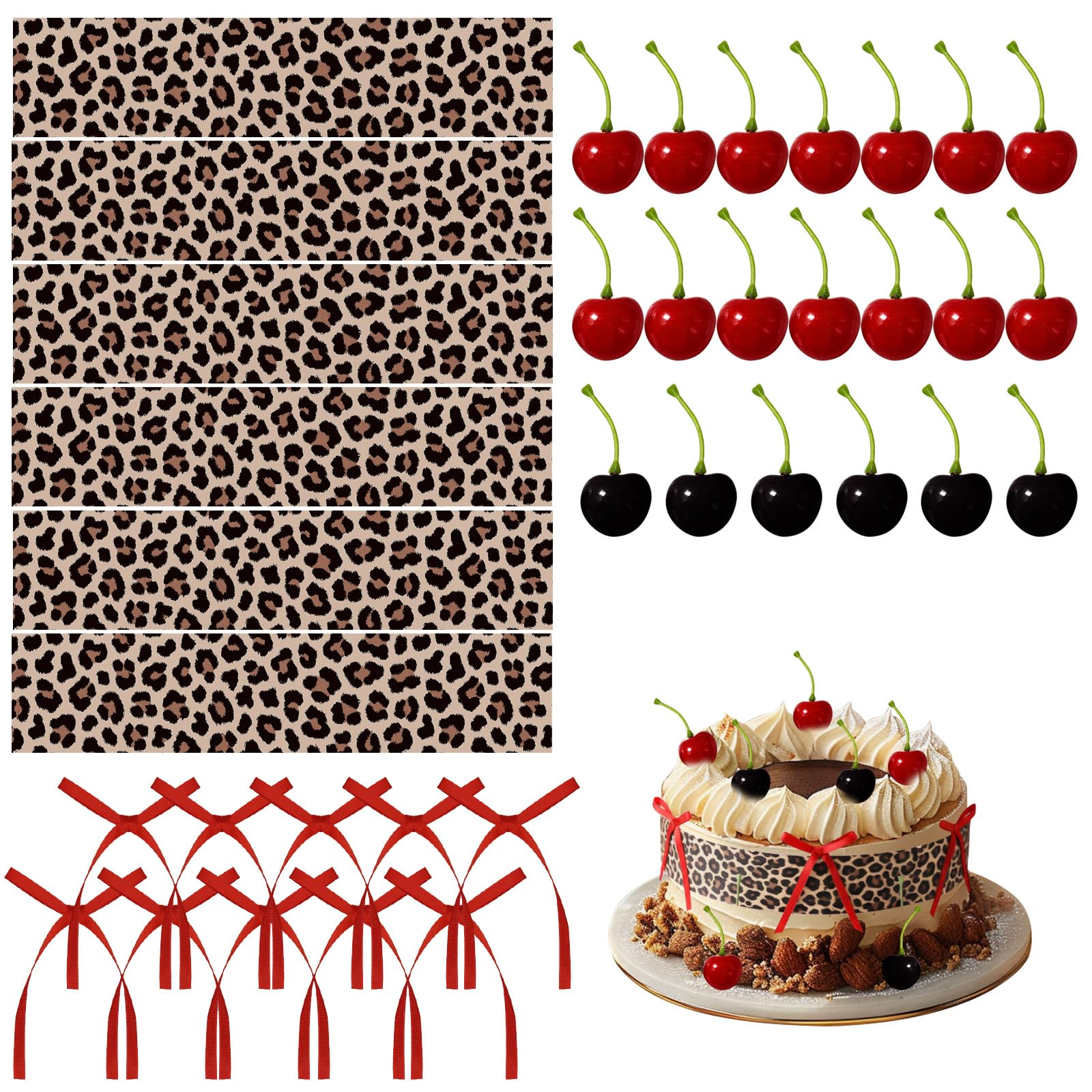 Cherry Birthday Decorations Cheetah Print Cake Decorations, 36Pcs Red & Black Leopard Print Cherry Cake Decor Set for Birthday Party Bow Toppers for Cakes