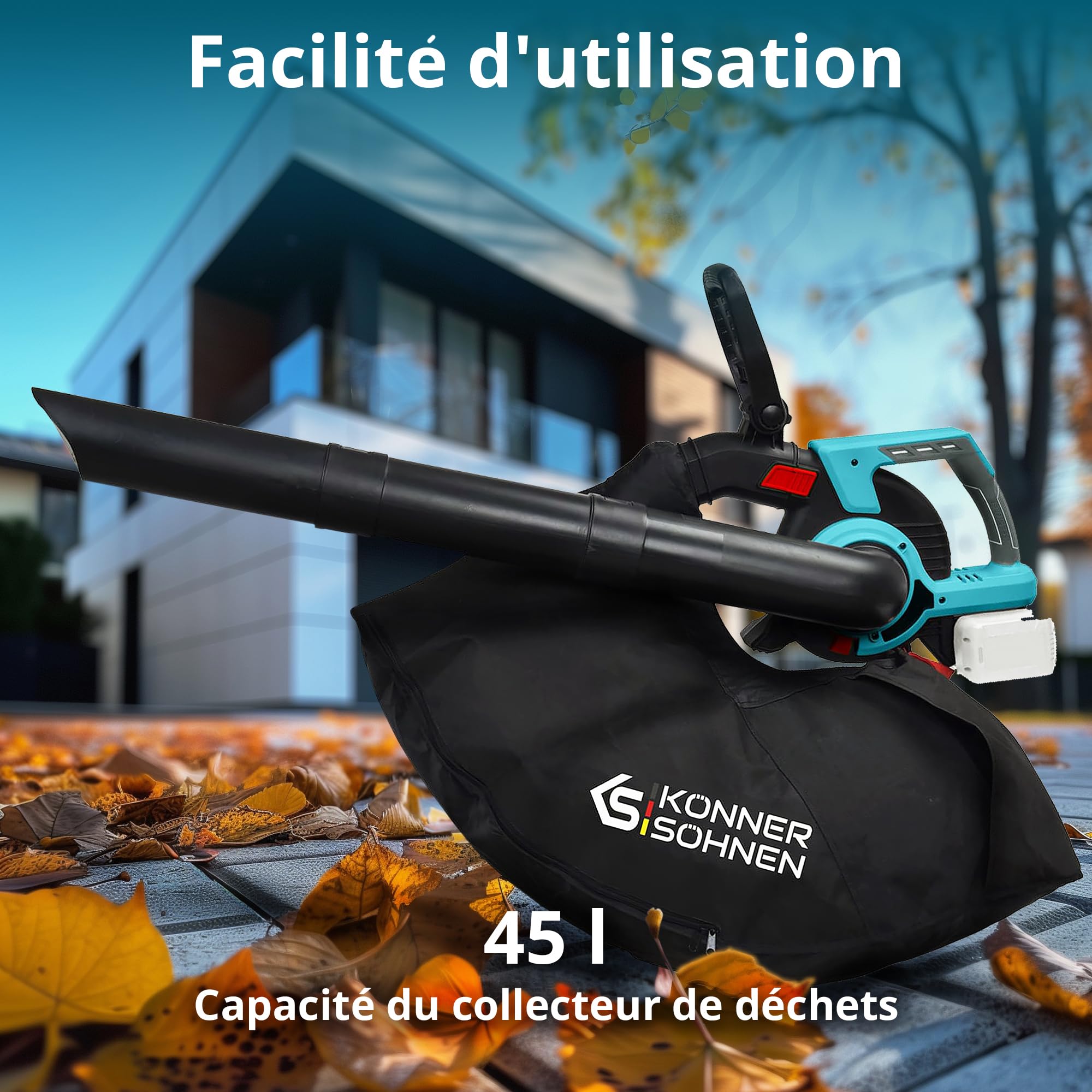 Könner & Söhnen KS LBV-40V, Aspirateur de Jardin sans Fil avec Fonction broyeur de Feuilles Tension nominale 40 (20+20) V, régime à Vide 1630 TR/Min, capacité du bac à poussière 45 l, 4 Vitesses