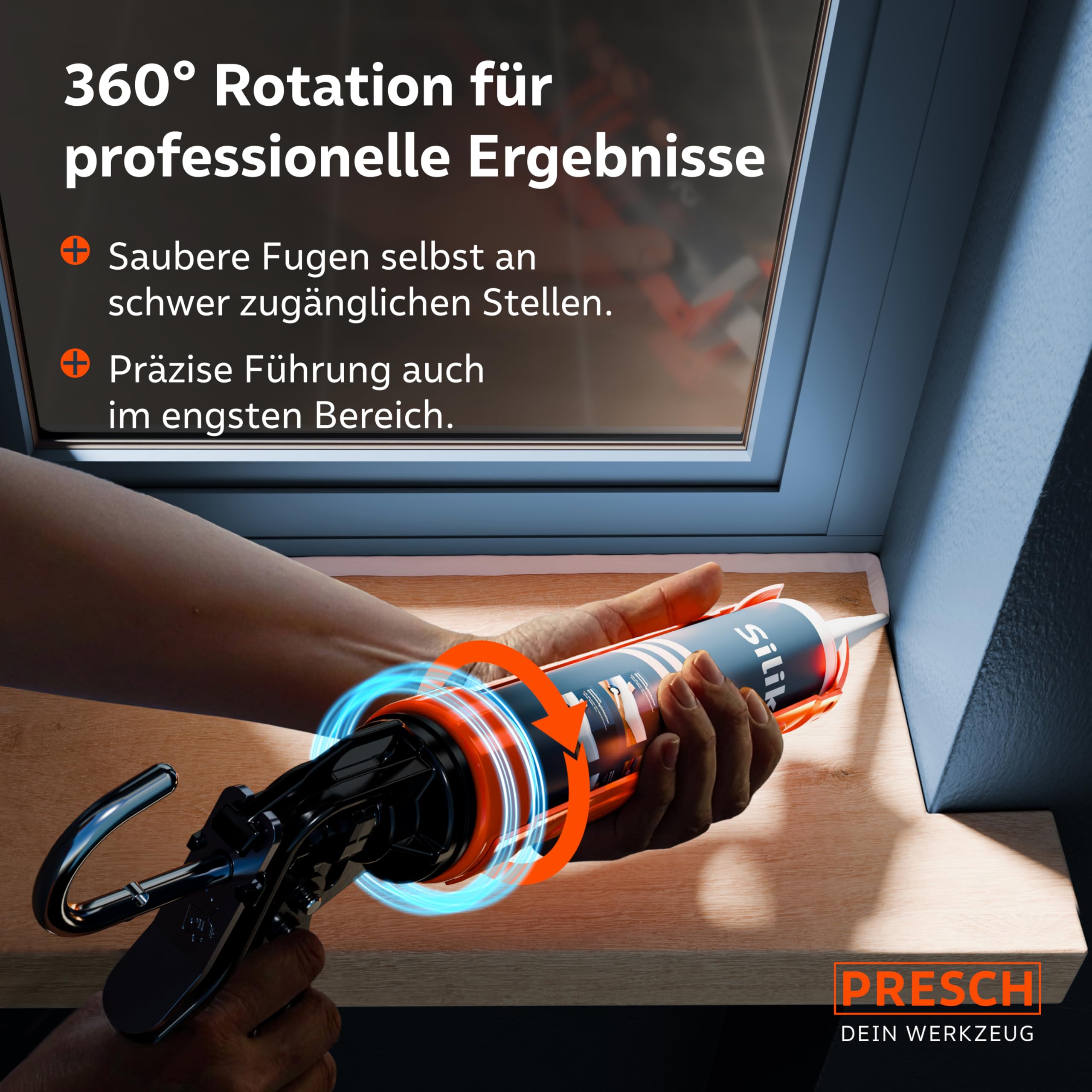 Presch Kartuschenpresse 18:1 Übersetzung & Nachlaufstopp - Silikonspritze für Kartuschen bis 310ml (Mittlere Viskosität, Montagekleber) - Kartuschenpistole 360° drehbar inkl. Einstechwerkzeug