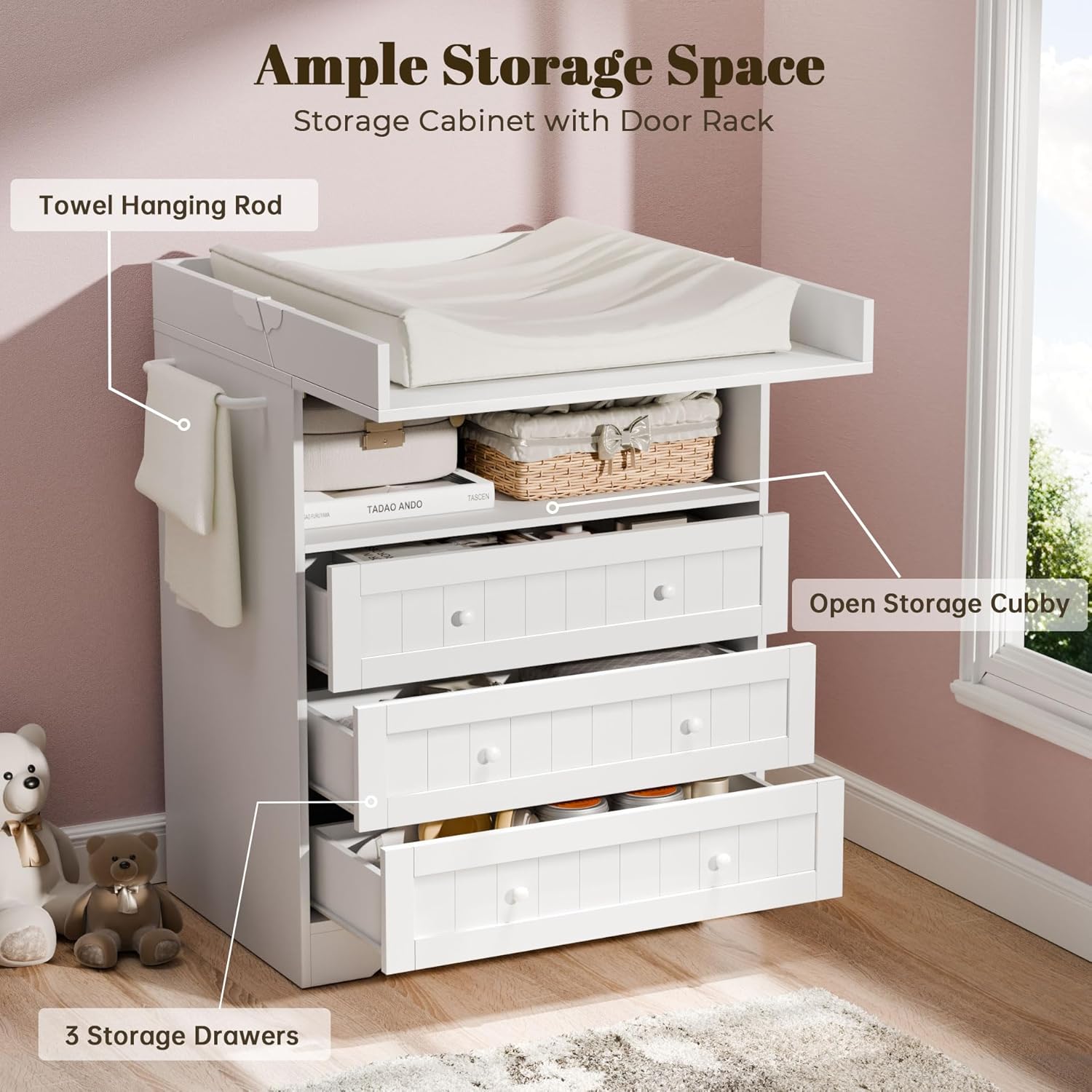 Baby Changing Table with Foldable Tabletop, White Baby Dresser with 3 Drawers & Open Storage Space, Modern Diaper Changing Station with Storage, Perfect for Bedroom & Nursery (Pad Not Included)