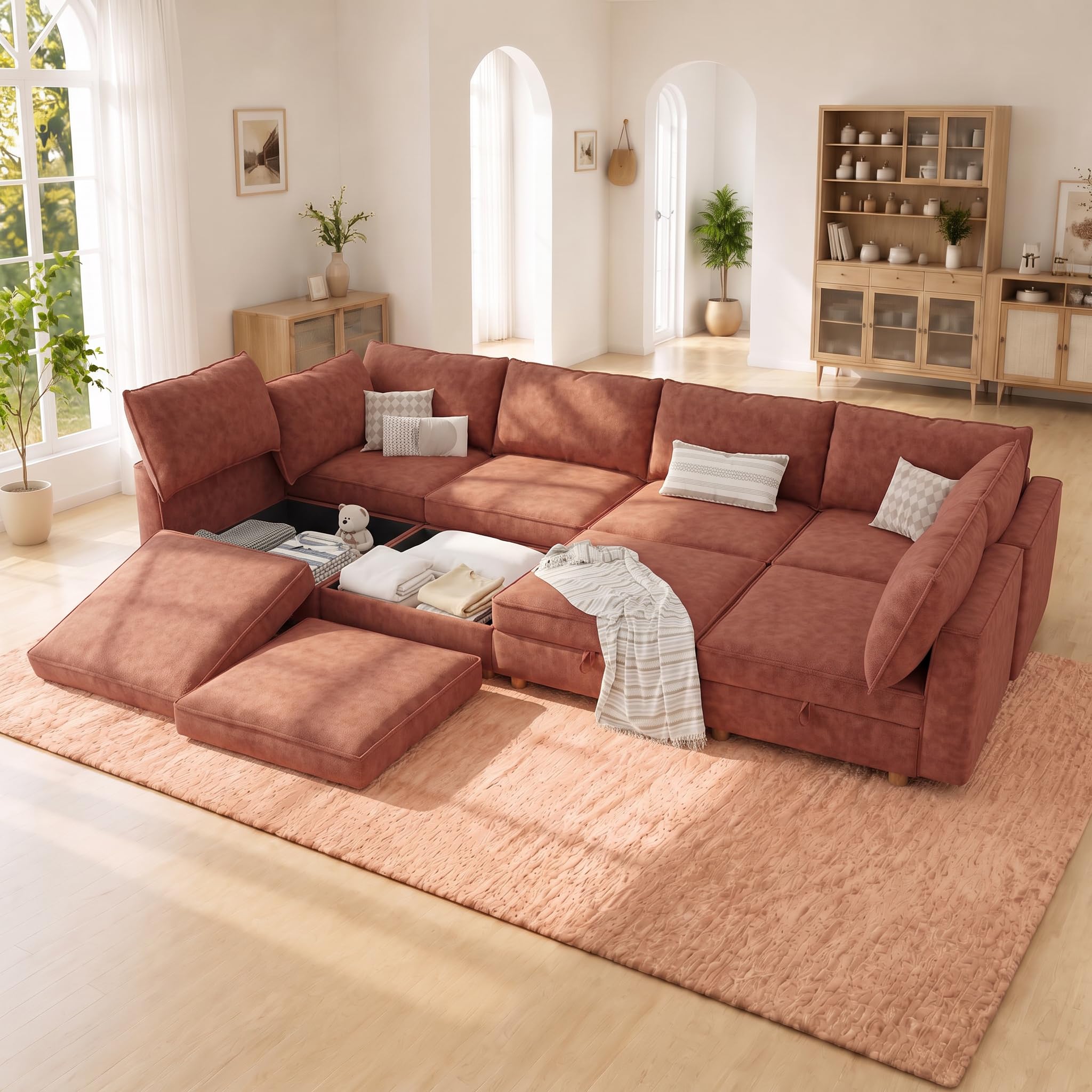128" Chenille Modular Sofa Bed with Washable Covers &amp; Storage, 8-Seater Modular Sectional Sleeper Sofa Bed with Movable Ottoman Chaise, Convertible Sleeper Sectional Couches for Living Room, Orange