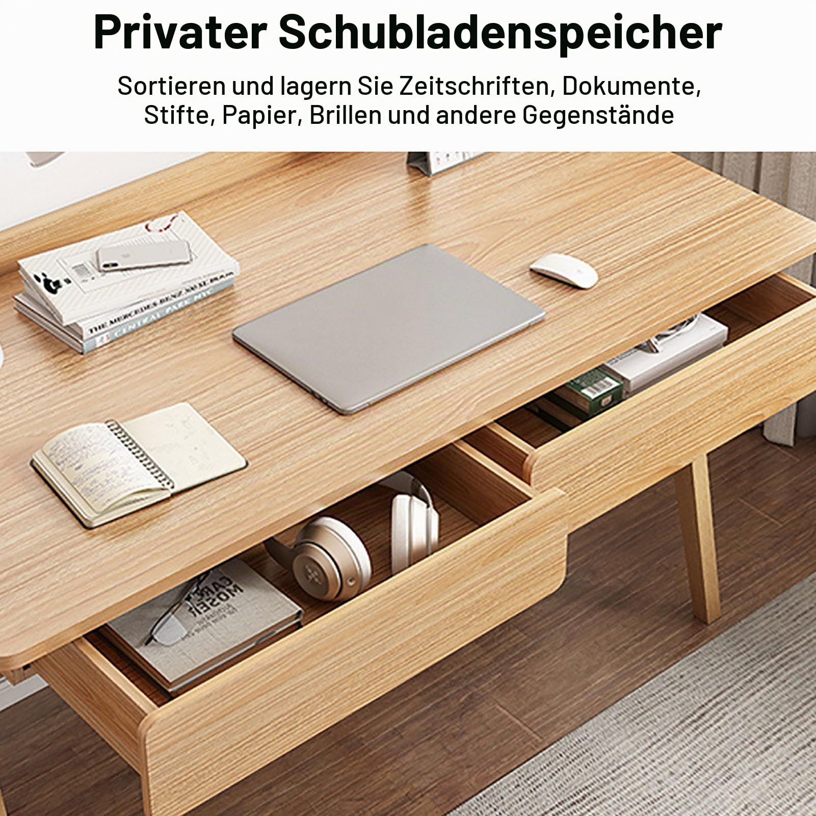 Nileco Mid-Century Modern Schreibtisch, Home-Office-Schreibtisch mit 2 Schubladen und Ablage, einfacher Arbeits-/Studiertisch, PC-Tisch, Workstation für kleine Räume (80 x 50 x 82 cm, Holz)